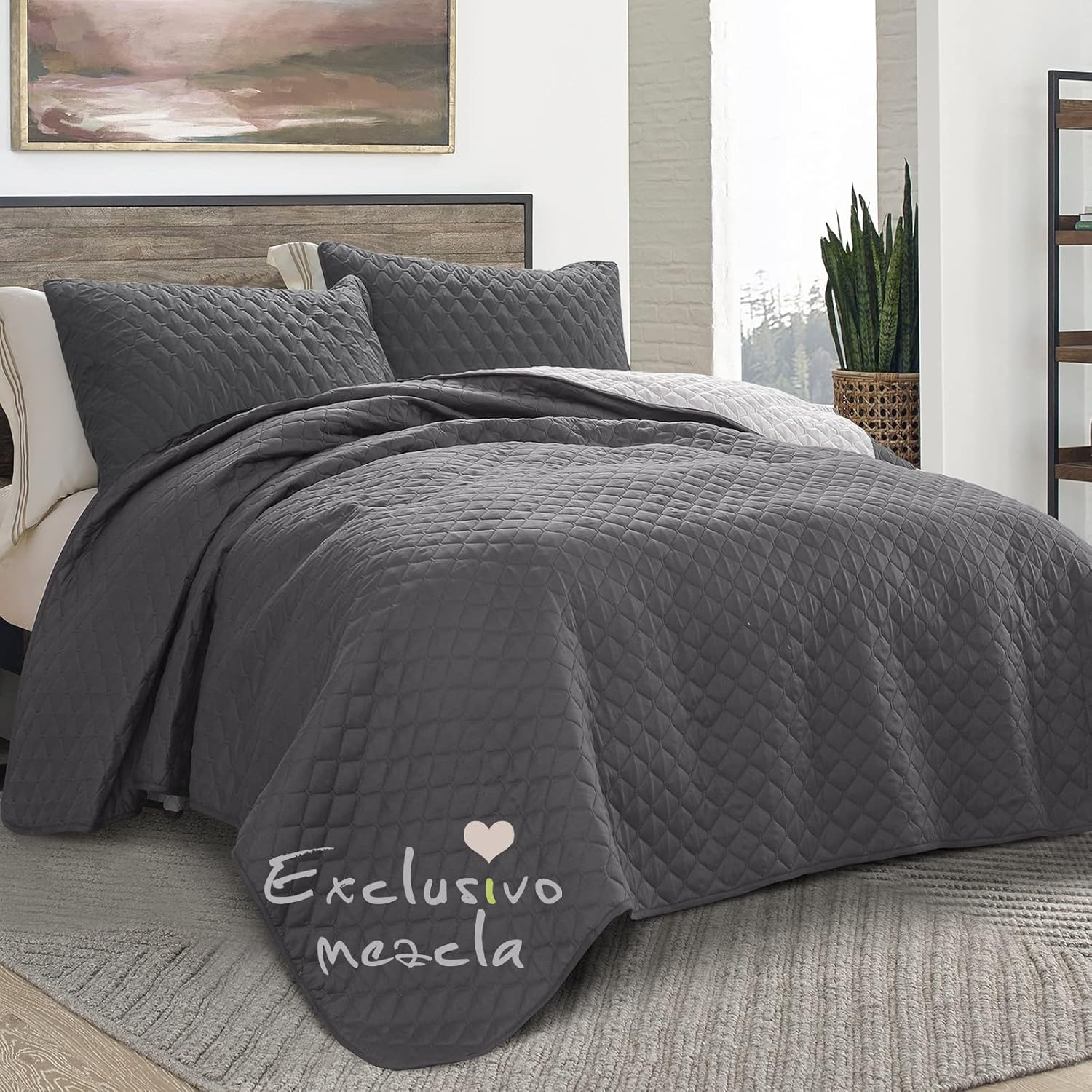 Exclusivo Mezcla Ultrasonic Reversible 3 Piece Full Queen Size Quilt Set with Pillow Shams, Lightweight Bed Cover Soft Bedspreads Coverlet Set - (Grey, 90"x96") : Home & Kitchen