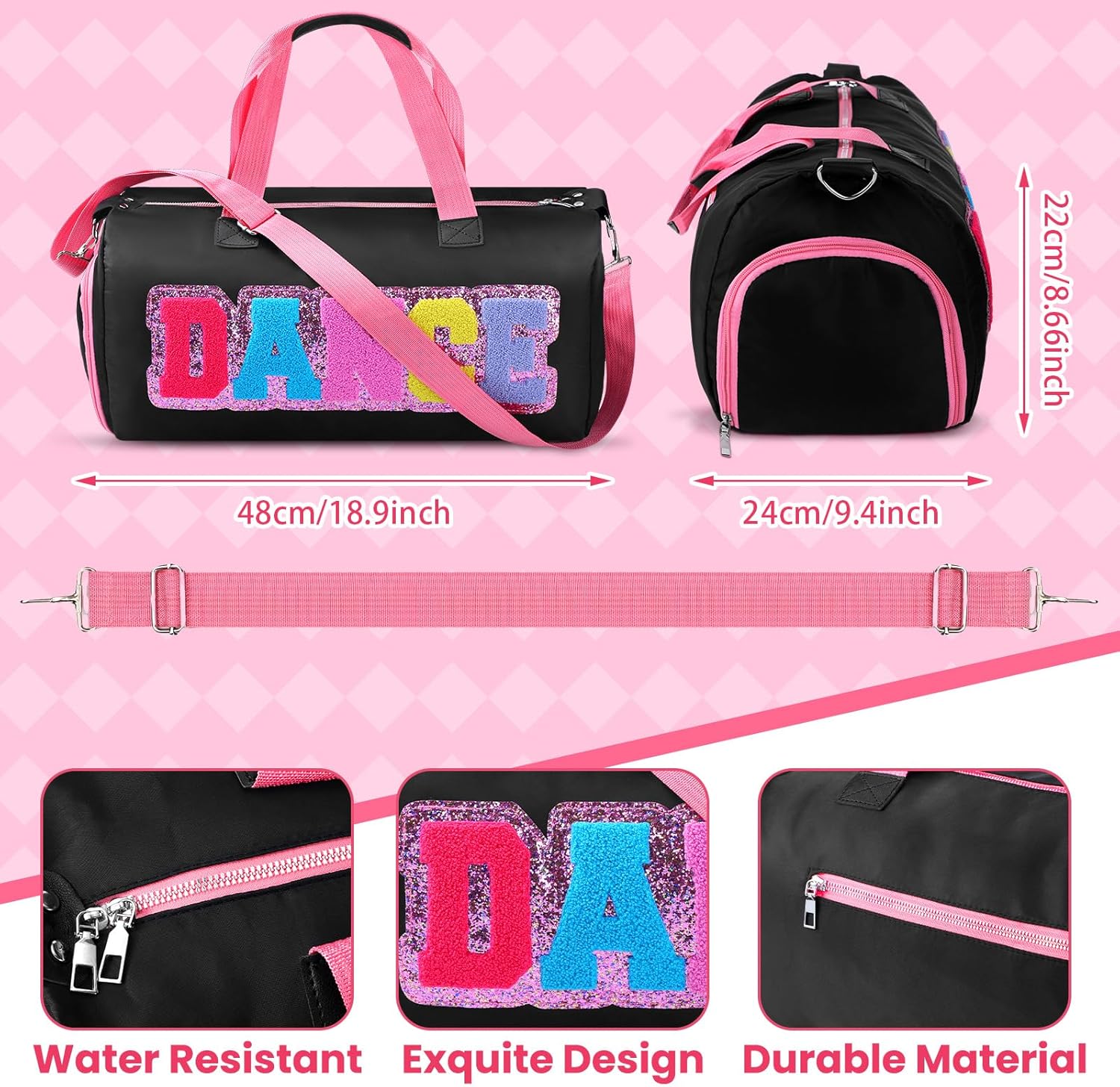 Dance Duffle Bag for women Bag with Adjustable Carry Strap and Handy Pouch Dance Backpack for Dancers(Black) - Image 2