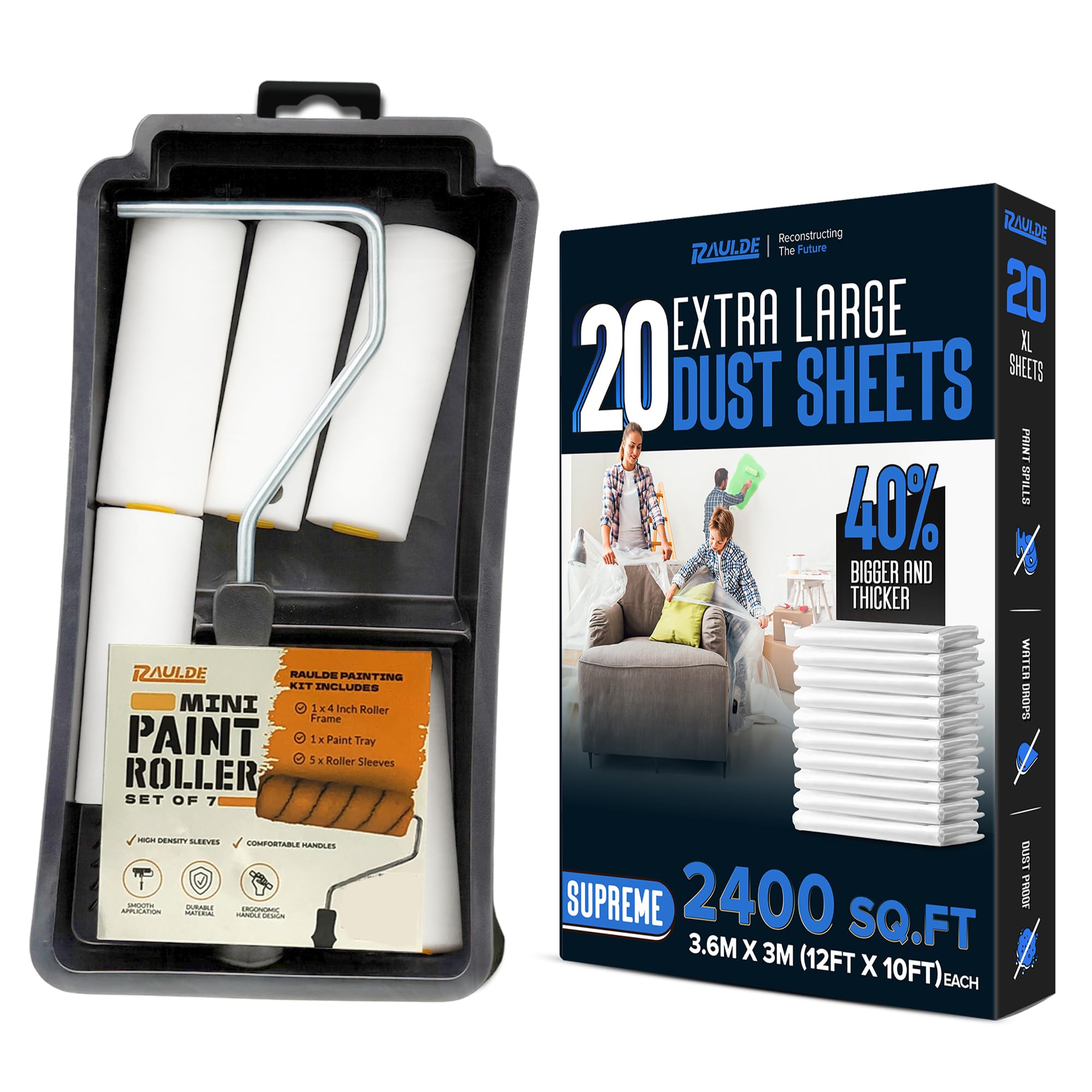 7 Pcs Paint Roller Set with 20x Large Dust Sheets – Complete Painting Kit with Rollers, Brushes, Trays, Masking Tape & Plastic Sheets for Walls, Ceilings & Furniture Protection
