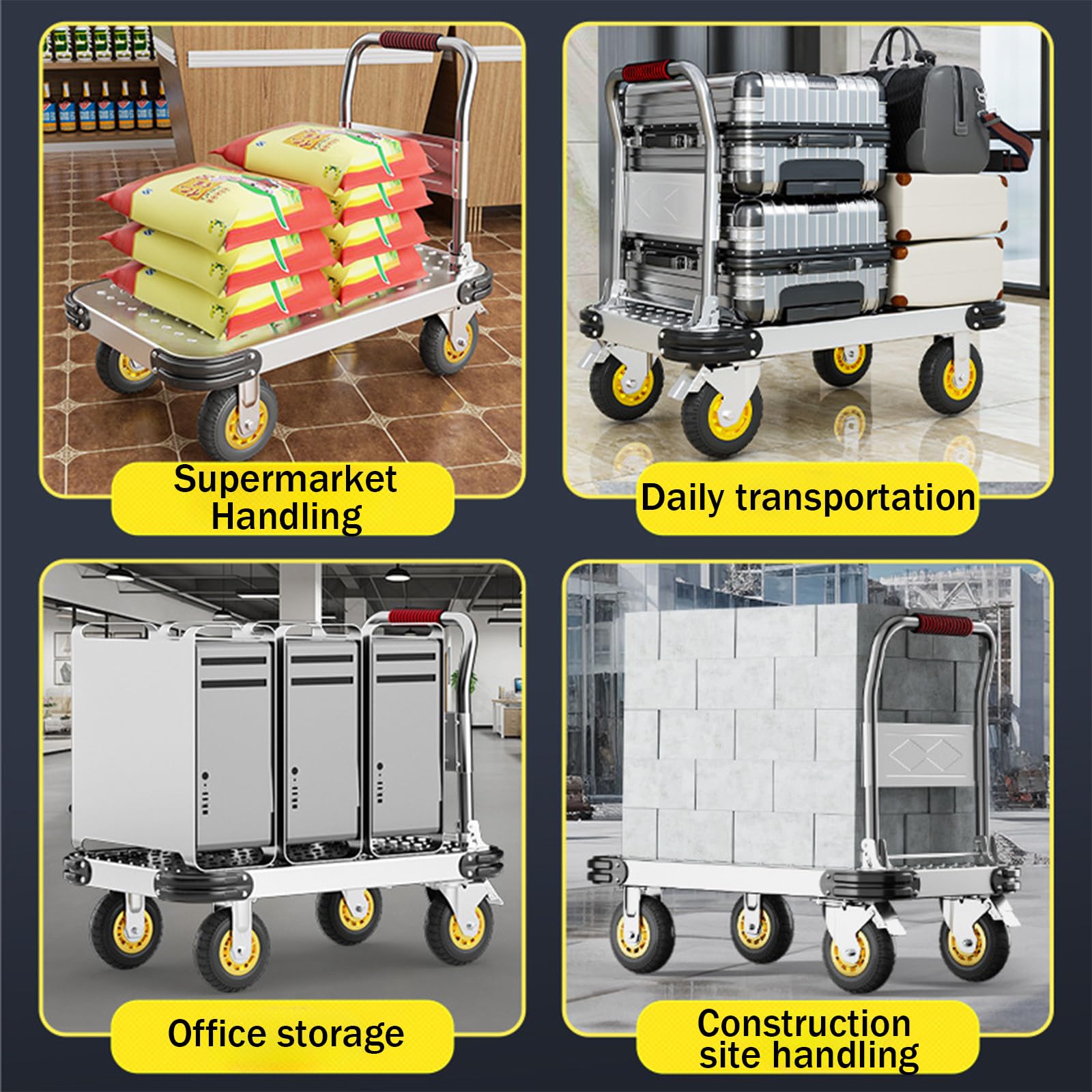 500kg Carro de Plataforma Transporte Plegable con Ruedas | Carretilla Acero, Banda de Goma Anticolisión, Antideslizante, para Almacenes Talleres, Mudanzas, Hogar, Oficina, 90 x 60 cm