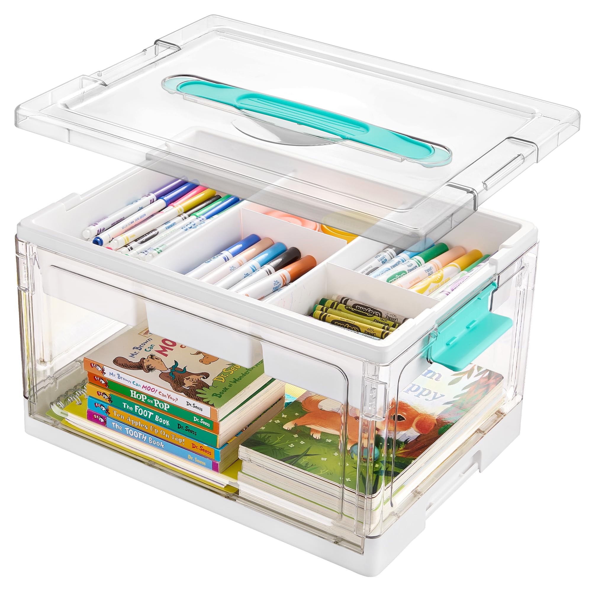 Vtopmart Boîte de rangement en plastique transparent de 24 litres avec plateaux et séparateurs amovibles, organiseurs de fournitures artistiques et de rangement, conteneurs idéaux pour livres de