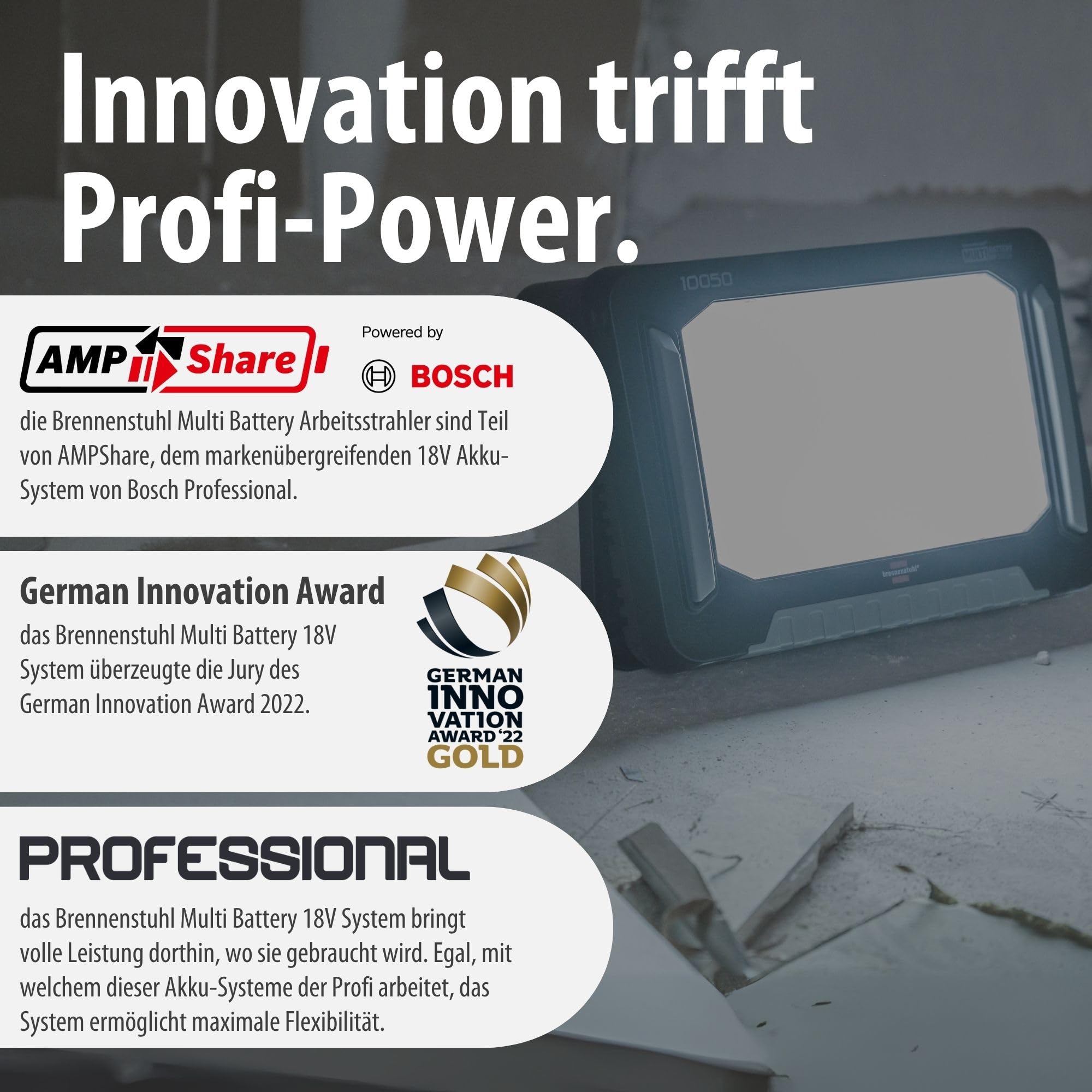 Brennenstuhl Professional Multi Battery LED Hybrid Baustrahler 10050 MH (100W, 12500lm, IP55, kompatibel mit 18V Akkus 10 verschiedener Hersteller, 5m RN-Kabel, ohne Akku, Engineered in Germany)