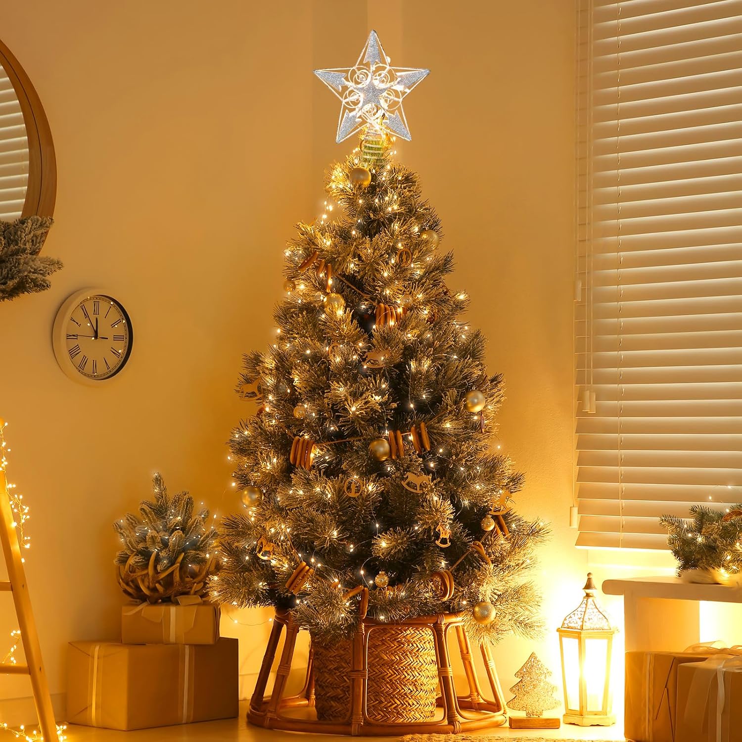 Christmas Star Tree Topper, Plug in 3D Star Tree Topper, 8" Silver Glittered Metal Hollow Designed Built-in 10 Bulbs String Lights for Christmas Tree Decorations