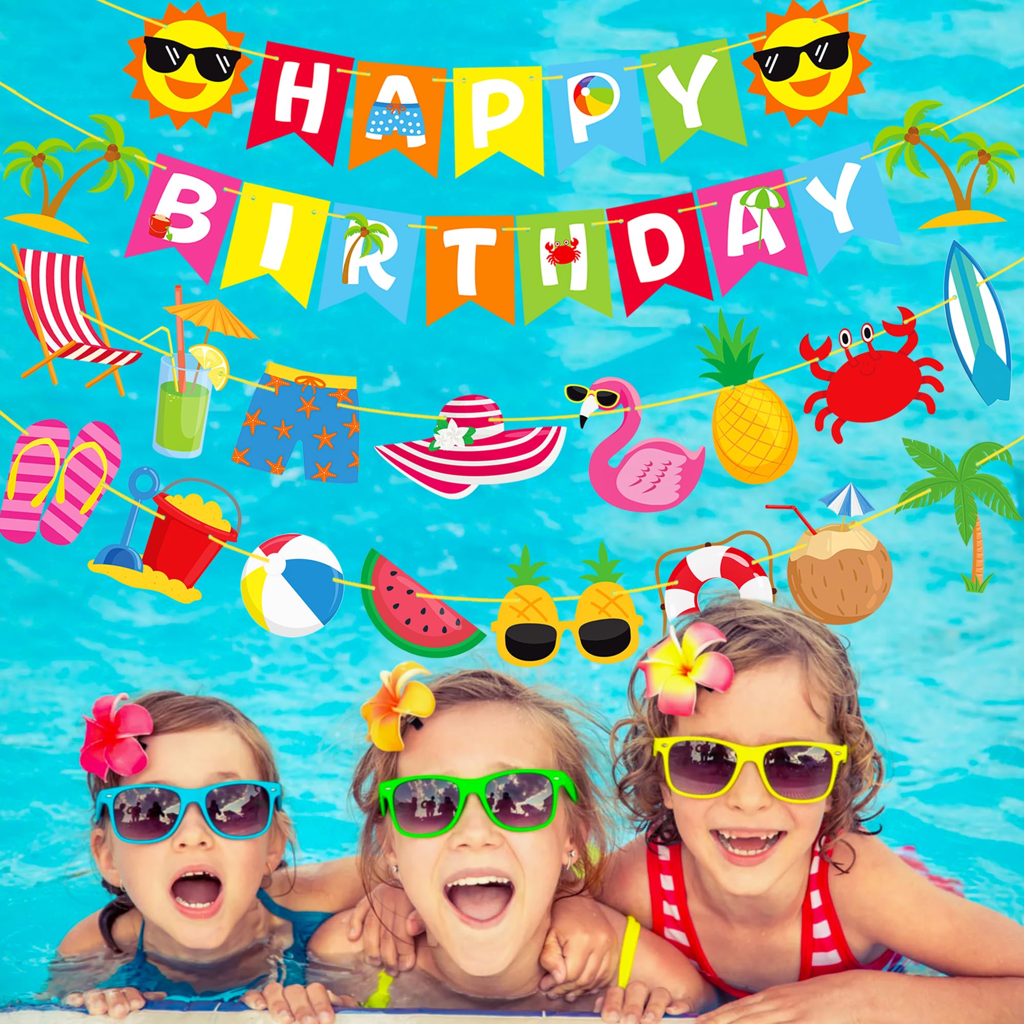 Pancarta de cumpleaños de playa, decoración de fiesta de cumpleaños, 4 piezas, suministros de fiesta de playa hawaiana de verano, playa, piscina, fiesta, feliz cumpleaños, pancarta para fiesta de bebé
