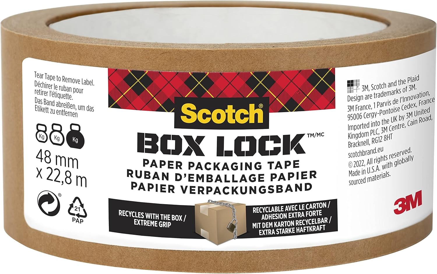 scotch box lock paper packing tape, kraft brown, extreme grip kraft paper tape that recycles with the box, shipping tape, 1.88 in. x 25 yd., 4 tape rolls