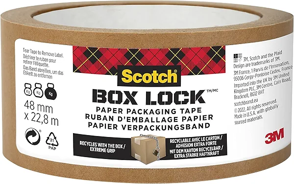 Scotch Box Lock Paper Packing Tape, Kraft Brown, Extreme Grip Kraft Paper Tape That Recycles with The Box, Shipping Tape, 1.88 in. x 25 yd., 8 Tape Rolls