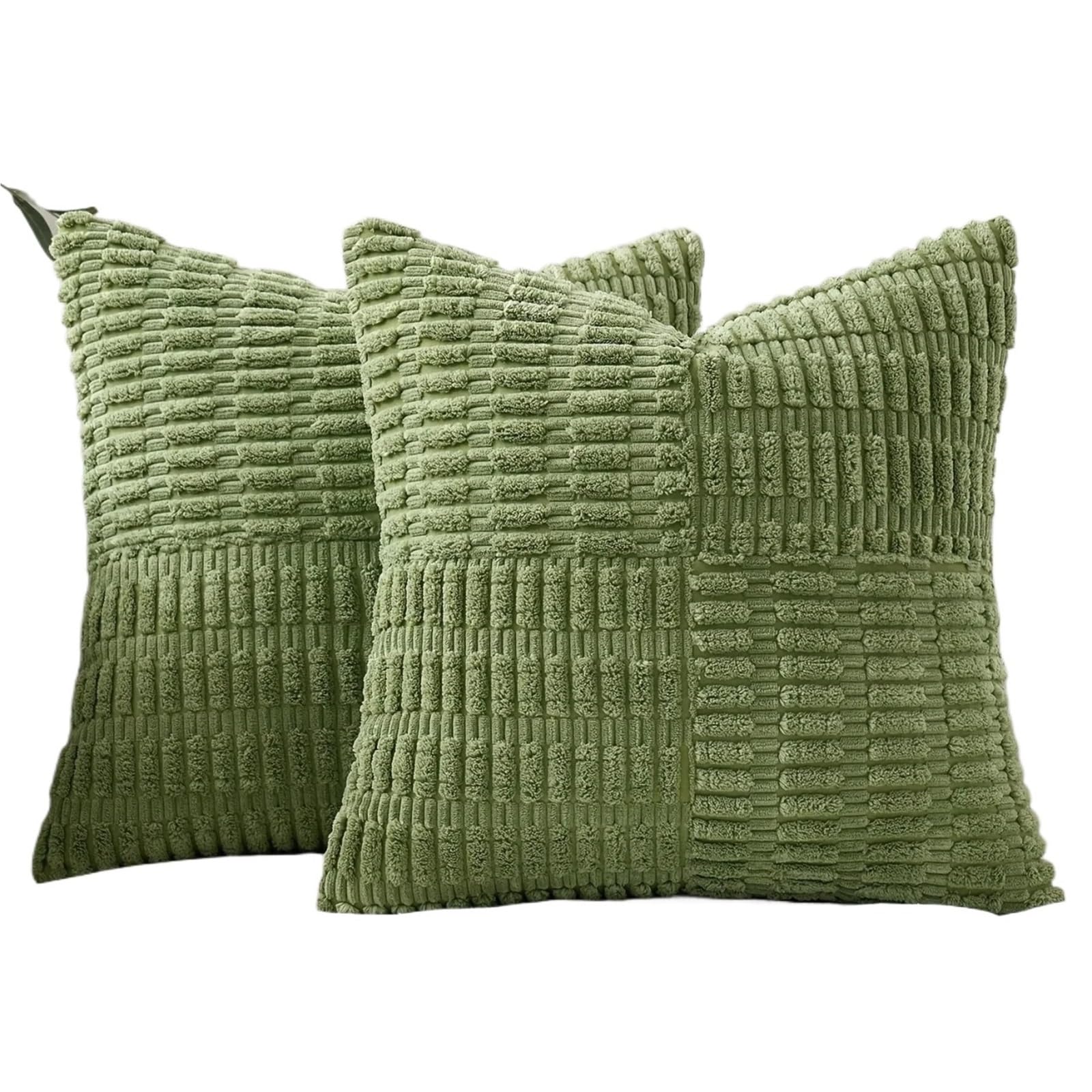 HEUchuan Corduroy Cushion Covers 2Pcs Throw Pillow Covers 18x18 Inch Soft Corduroy Cover Boho Textured Striped Patchwork Cushion Case for Couch Sofa Bed for Sofa Couch Bedroom(Green)