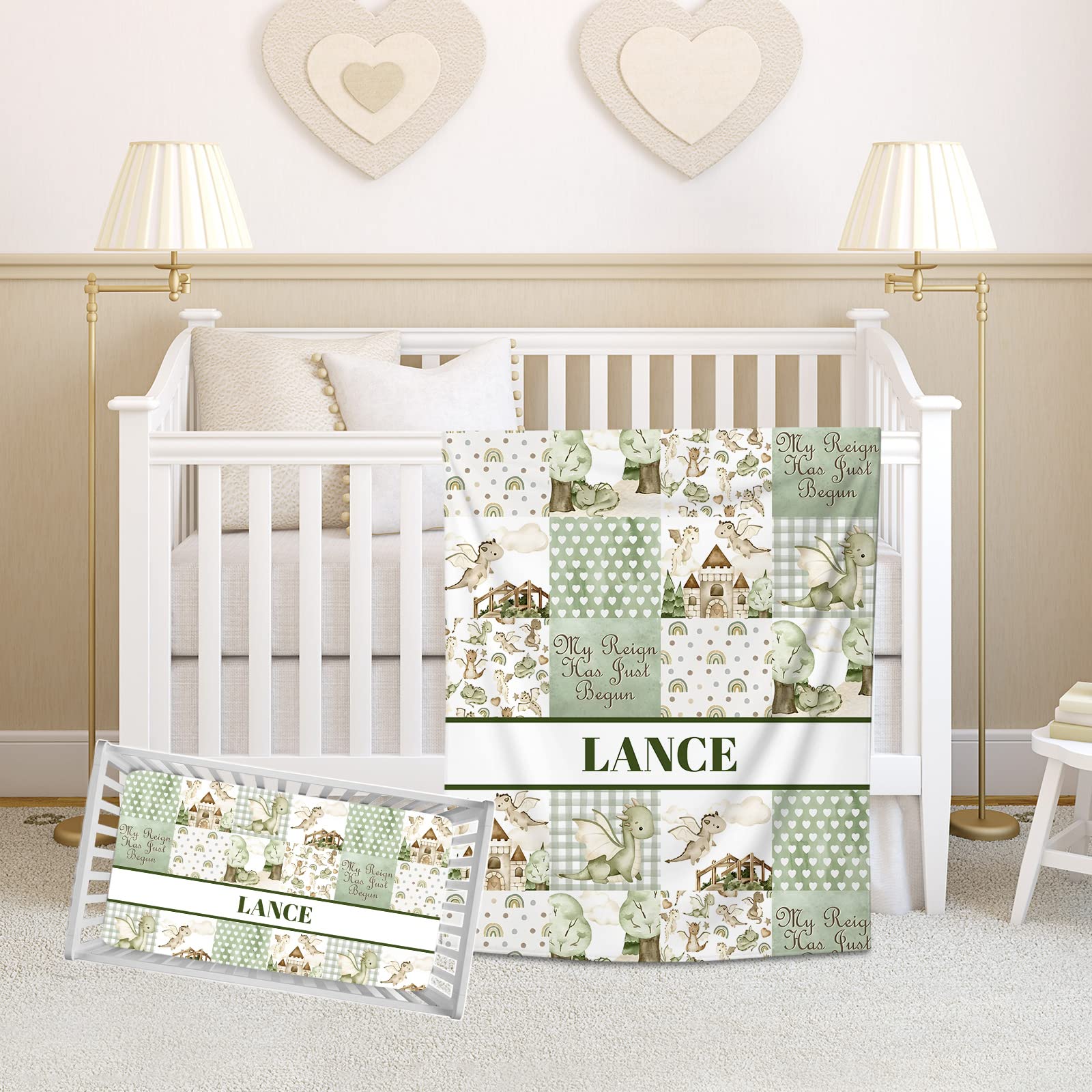Personalized Baby Bedding Set for Boy or Girl, Custom Name Crib Comforter, Cute Dragon 2 Piece Nursery Bedding Set with Fitted Sheets