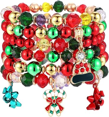 Christmas Beaded Stretch Bracelets Xmas Bow Jingle Bell Snowman Charms Bracelet for Women Girls Holiday Bracelet Set Festive Jewelry Gifts