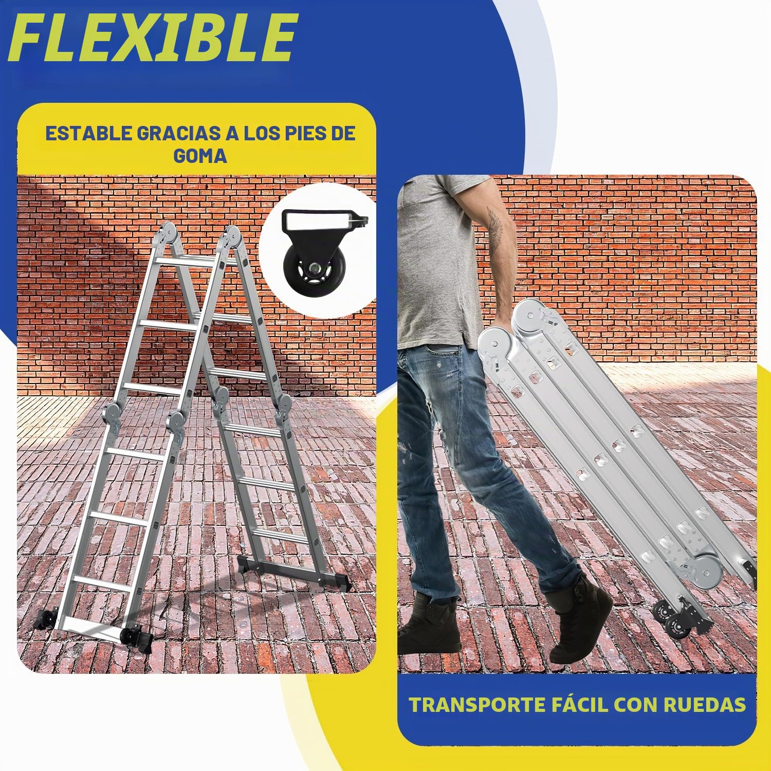Fiqops - Escalera multifunción (4 x 3, 360 cm, 7 en 1, aluminio, con 2 plataformas y 2 ruedas de transporte, hasta 150 kg)