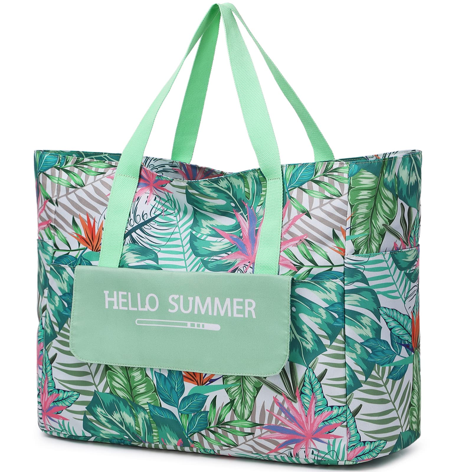 Myhozee Borsa Mare Grande xxl Famiglia,Borsa da Spiaggia Donna, con chiusura lampo, borsa estiva da spiaggia, impermeabile, per piscina,gite in spiaggia picnic viaggi Foglia verde