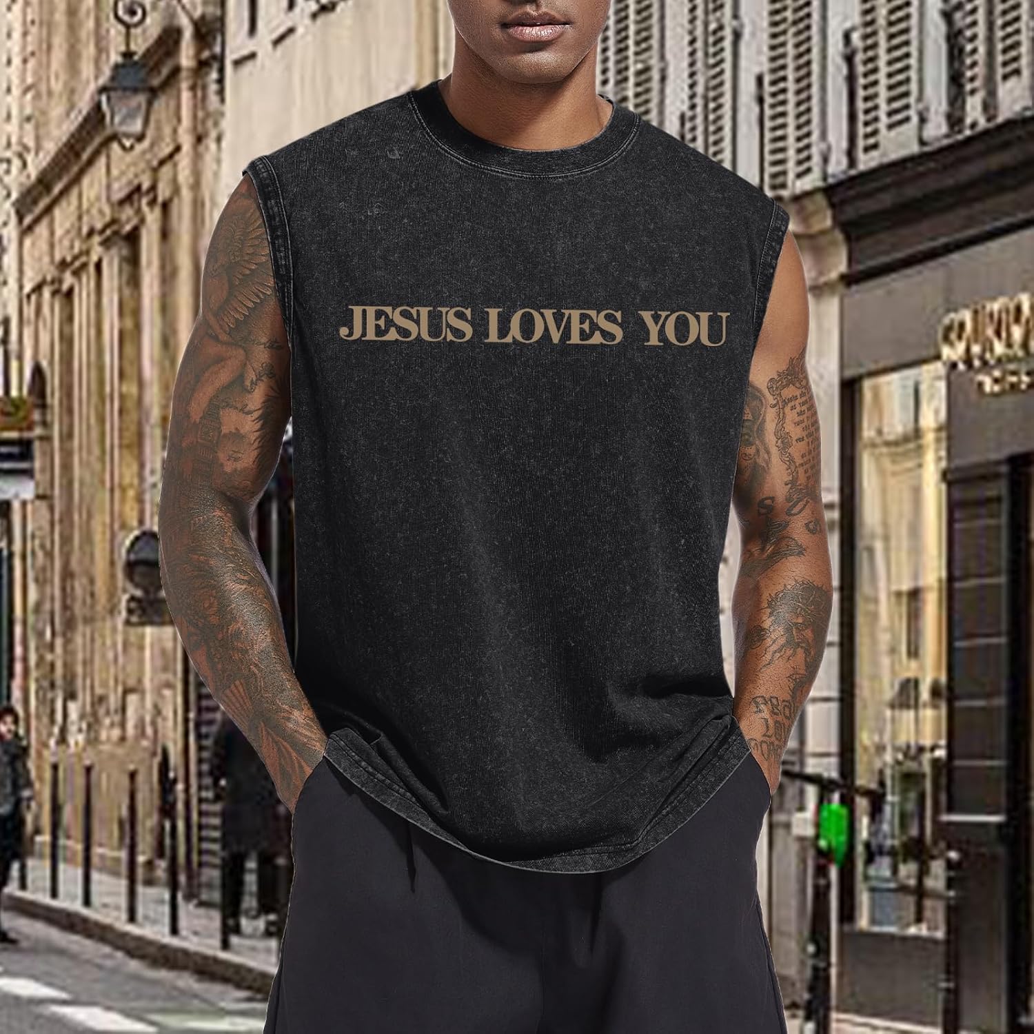 Jesus Loves You Mens Graphic Tank Tops Christian Sleeveless Cut Off Muscle Shirts Gym Workout Tank Acid Wash Tshirt - Image 2