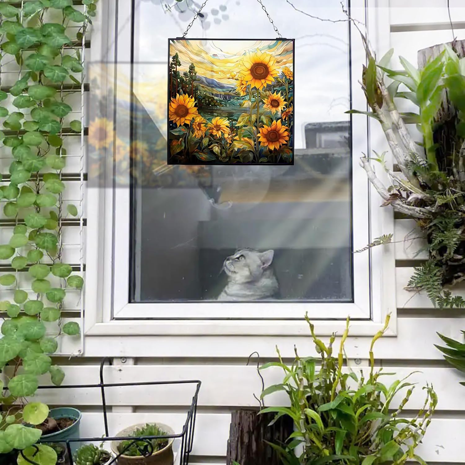 Sunflower Sun Catcher Stained Glass Window Hanging Plant Lover Gifts for Women Sunflower Wall Decor Handmade Sun Catcher Decoration for Garden Home Housewarming Gifts 20cm/8inch