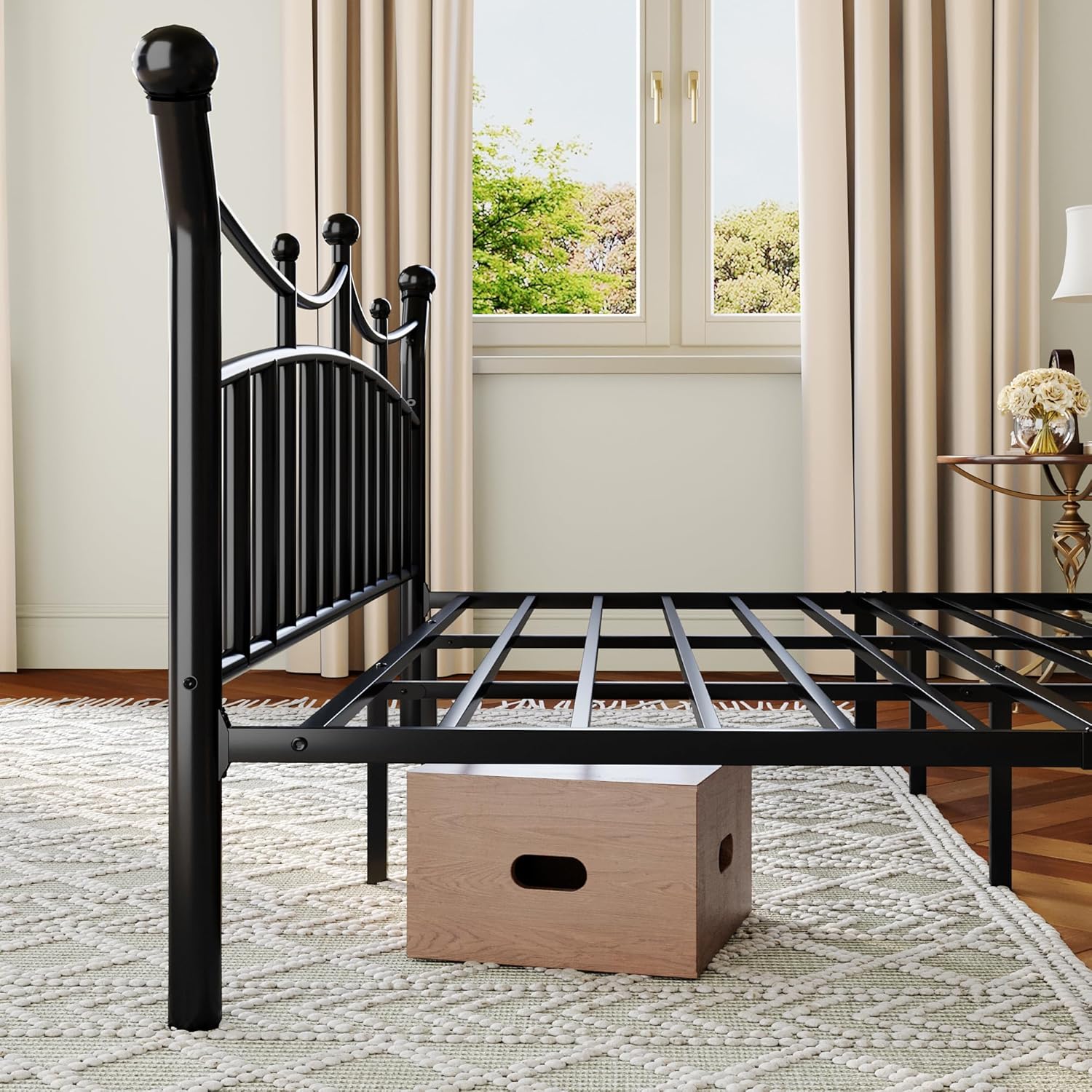 Allewie 14 Inches King Size Metal Platform Bed Frame with Elegant Crown Headboard & Footboard, Sturdy Mattress Foundation with Under-Bed Storage, Easy Assembly, No Box Spring Needed, Black