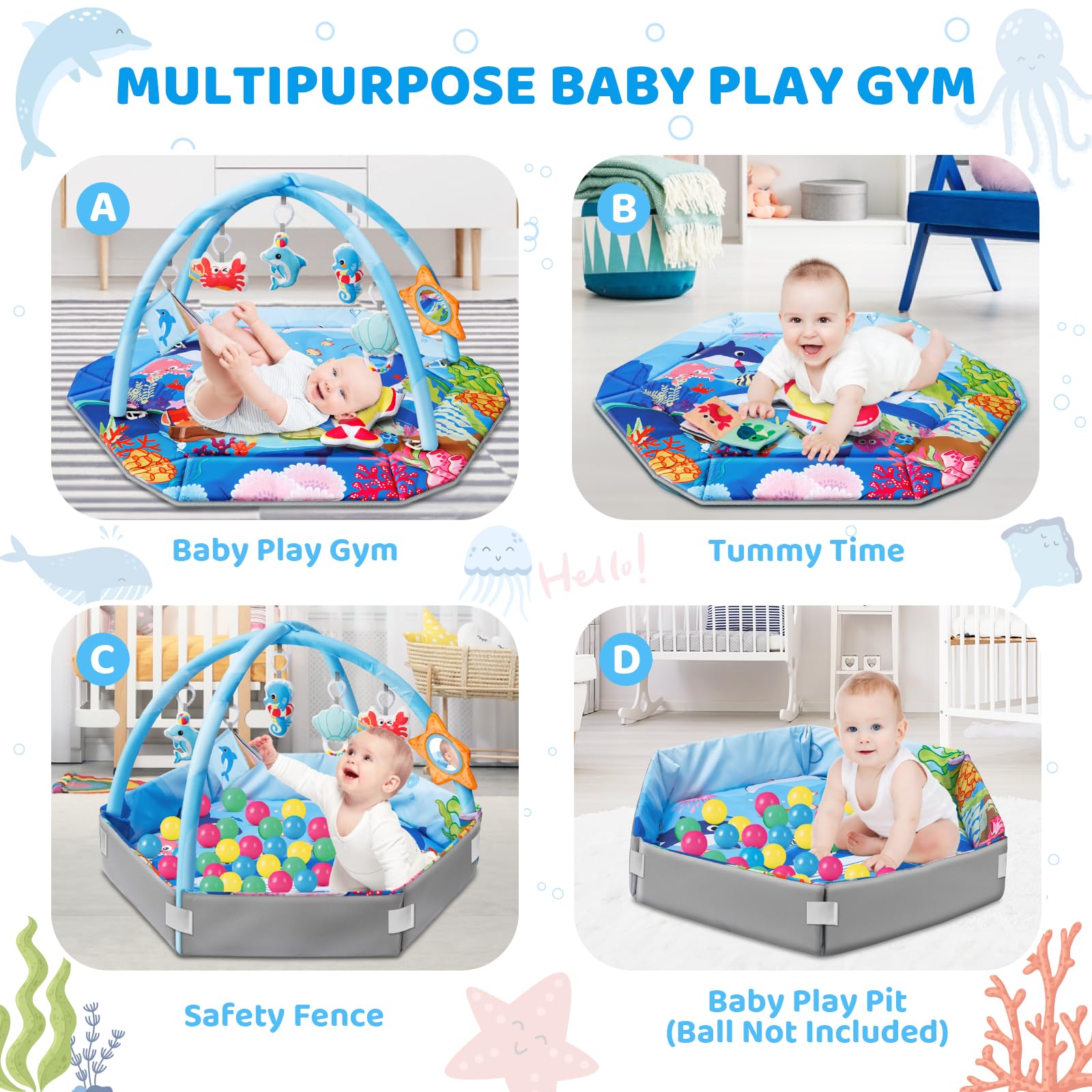 Tapete de juego para gimnasio para bebé, 8 en 1, tapete para el tiempo boca abajo y hoyo de bolas, tapete de juego lavable para actividades visuales, auditivas, sensoriales, desarrollo motor, juguetes 3