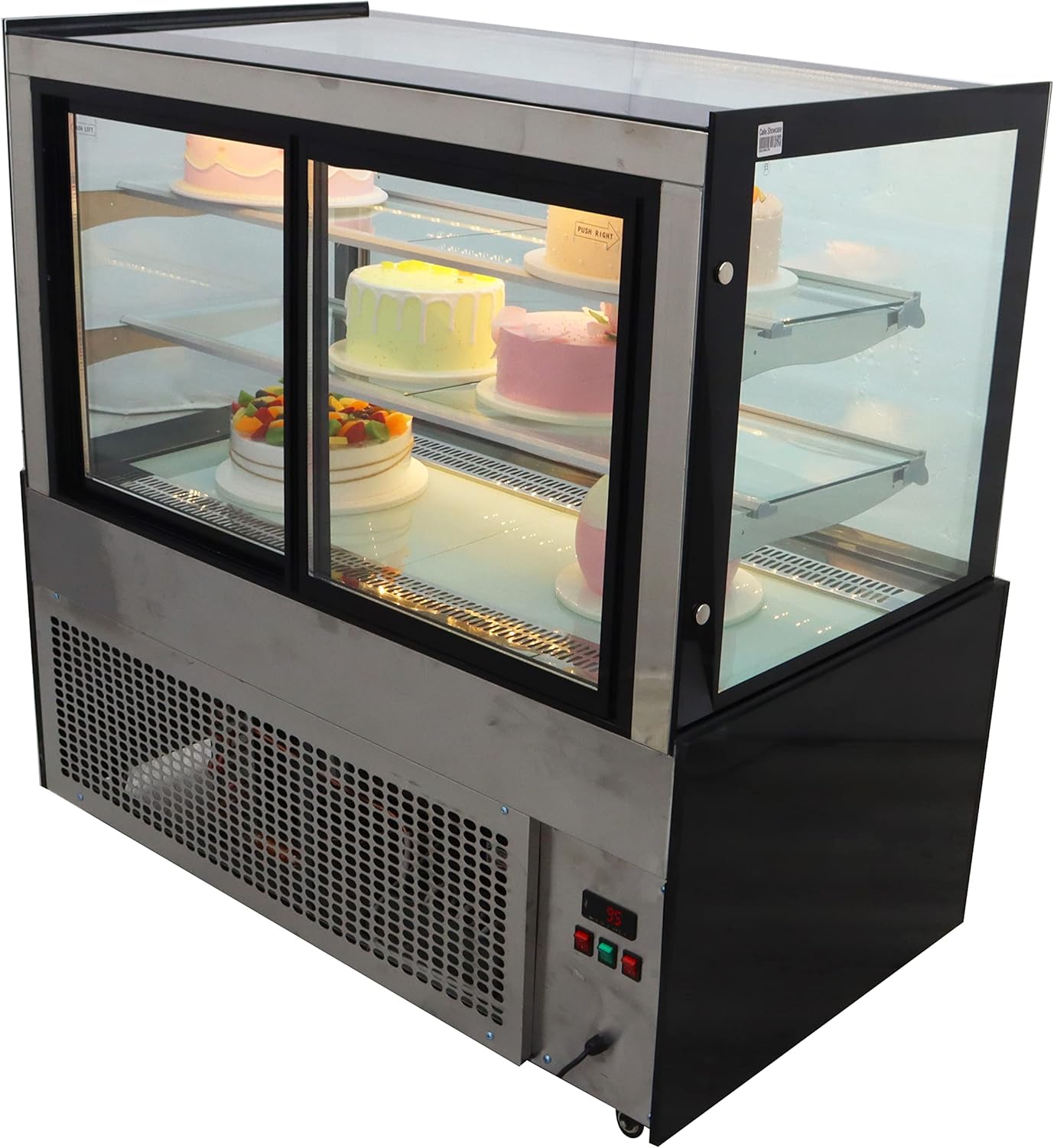 TECHTONGDA Display Refrigerators Cake Showcase Right Angle Cooling Display Case Commercial Bakery Cabinet with LED Light Floor Standing 220V Rear Door