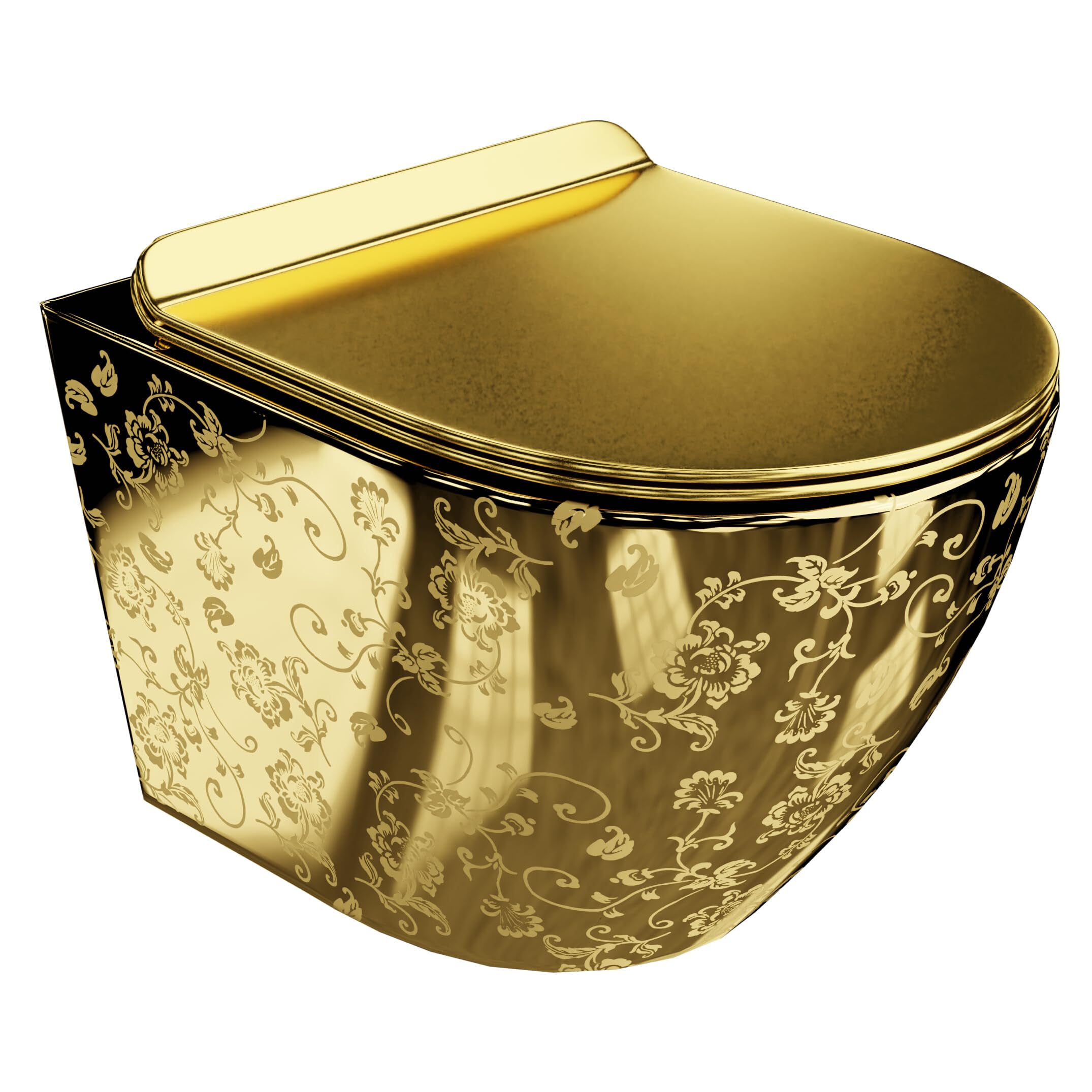 LAVITA Inodoro suspendido con asiento de inodoro Tapa de inodoro con cierre automático y bisagras metálicas Sin reborde Inodoro suspendido Sofi Slim Golden Eye 365x490x395 mm Oro