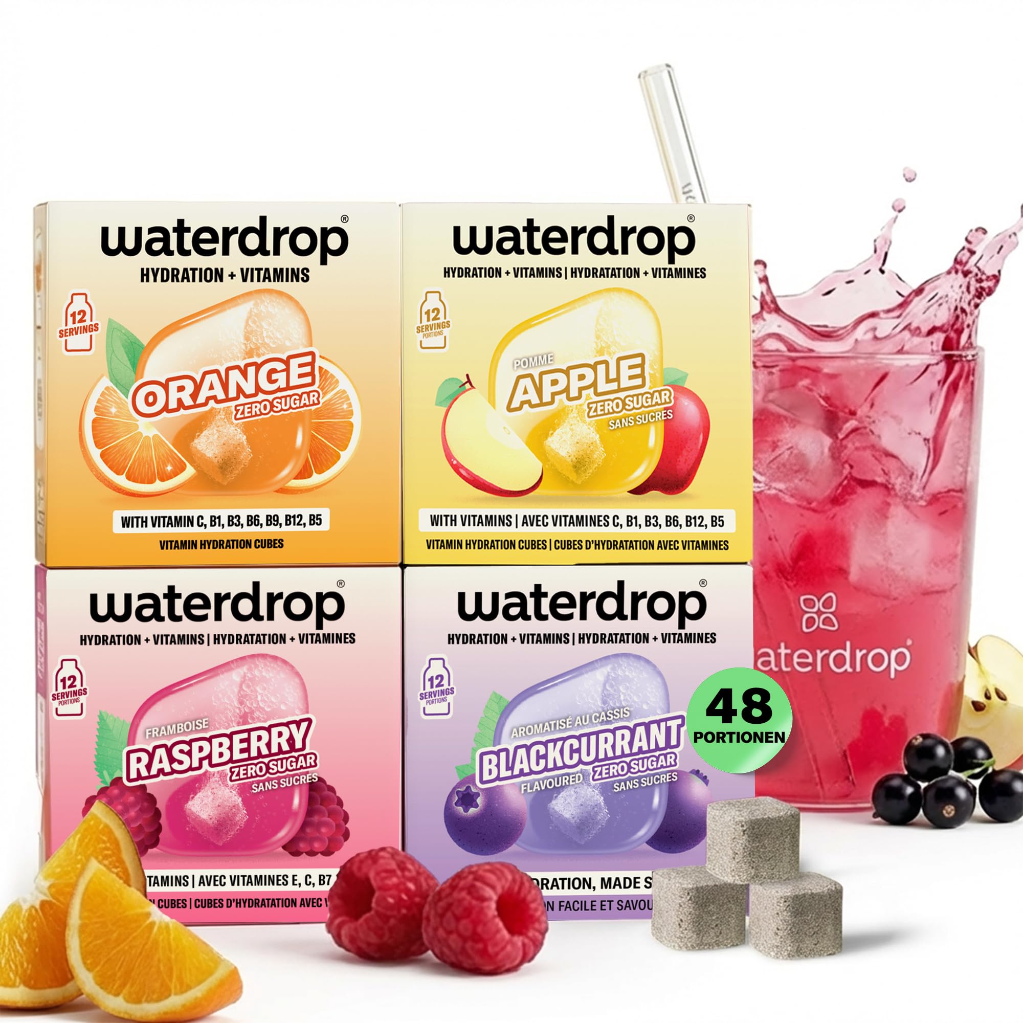 waterdrop® Apfel & Beeren Mix – 48 Waterdrop Würfel in 4 verschiedenen Sorten – Zuckerfreier Durstlöscher & Alternative zu Getränkesirup und Geschmackspulver – Flavour Drops - Microdrink Set