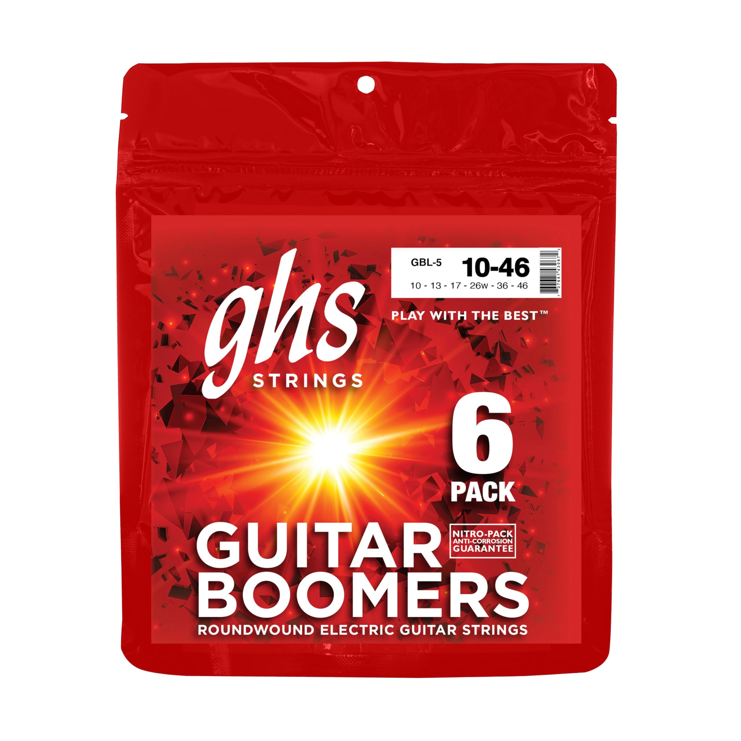 GHS Struny GBL-5 bumery gitarowe, niklowane struny do gitary elektrycznej, lekkie, 6-pak (.010-.046)