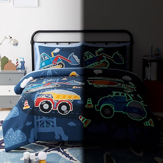 Full Kids Comforter Set - 7 Pieces Full Bedding Sets for Boys Teen, Glow in The Dark Truck Tractor Excavator Bed in A Bag with Sheets