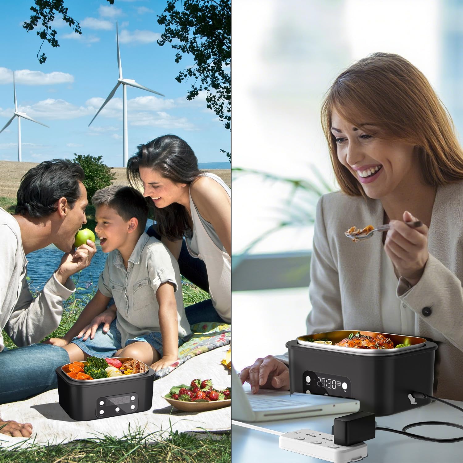 Cordless Electric Lunch Box, 6.75 Cup Automatic Food Warmer (212°F), Rechargeable Portable Heated Meal Container for Office, Travel, Outdoor（Black）