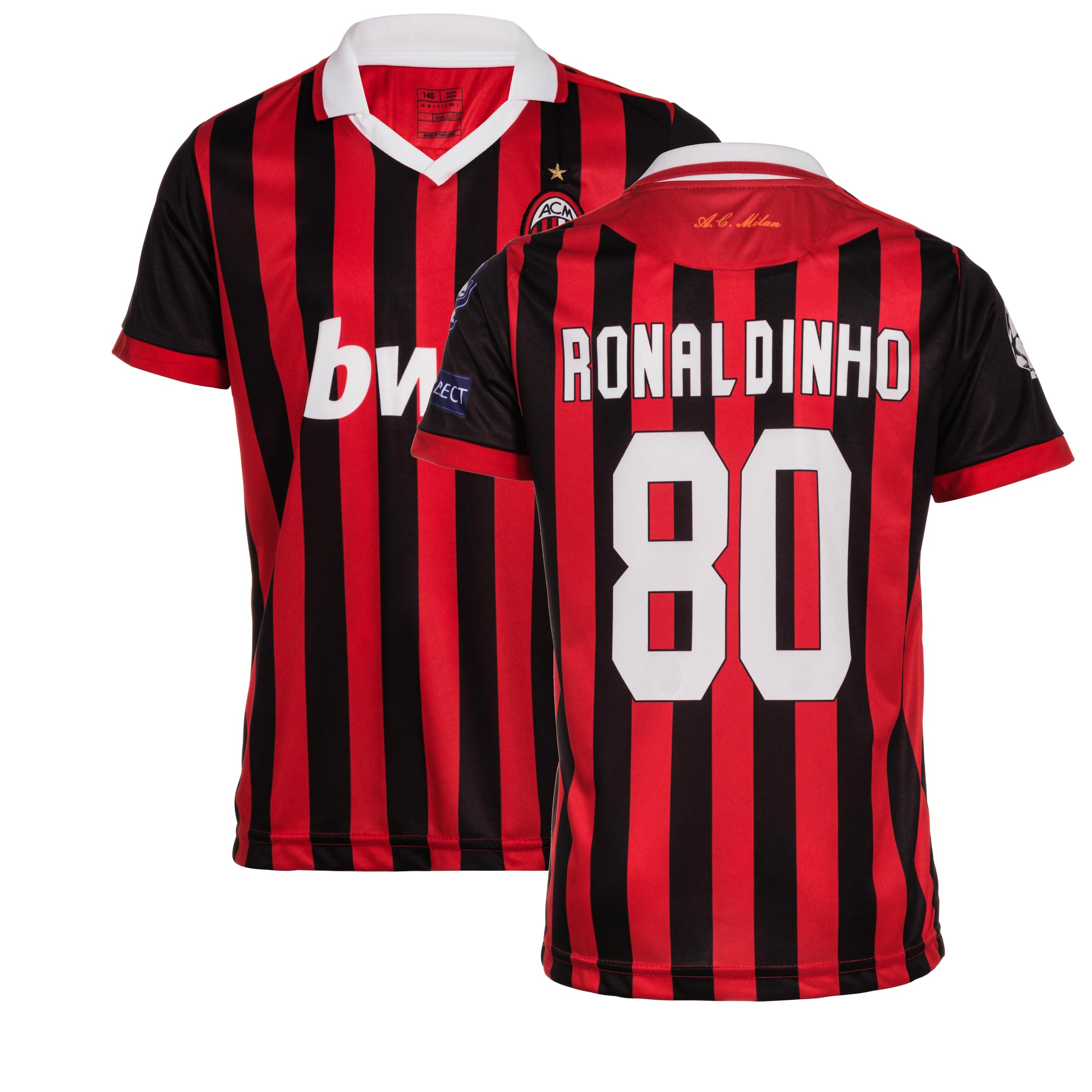 Milan #80 Ronaldinho - Camiseta exterior de fútbol para niños, pantalones cortos, calcetines, tallas jóvenes, caja de regalo