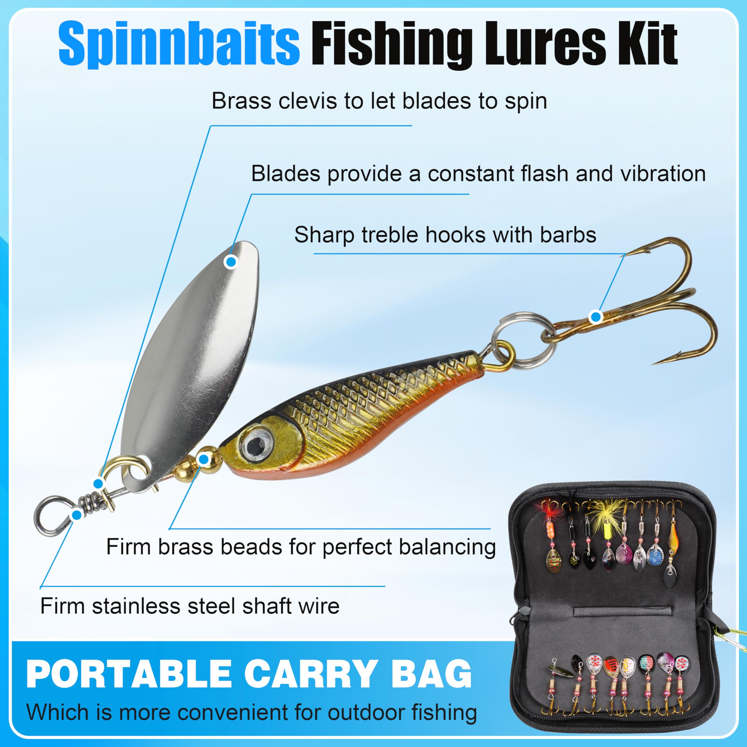 Fishing Lures Spinnerbaits Kit,16pcs Rooster Bait Tail Fishing Lures Inline Spinner Baits Hard Metal Bass Trout Spinner Lures Baits with Portable Carry Bag for Freshwater Saltwater