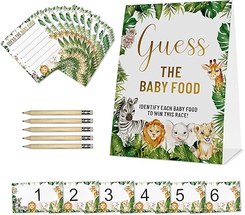 Guess The Baby Shower - Juego de juego de baby shower 1 letrero de pie 25 tarjetas de respuesta 6 tarjetas de número juego de baby shower de
