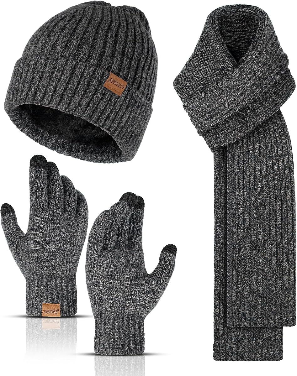 Gorros de invierno Bufanda de cuello largo para hombres y guantes con pantalla táctil Juego de 3 piezas | Gorros de calavera con forro polar para hombre y mujer, cuello largo, bufanda de punto cálido, conjunto de guantes para clima frío, regalos para hombres