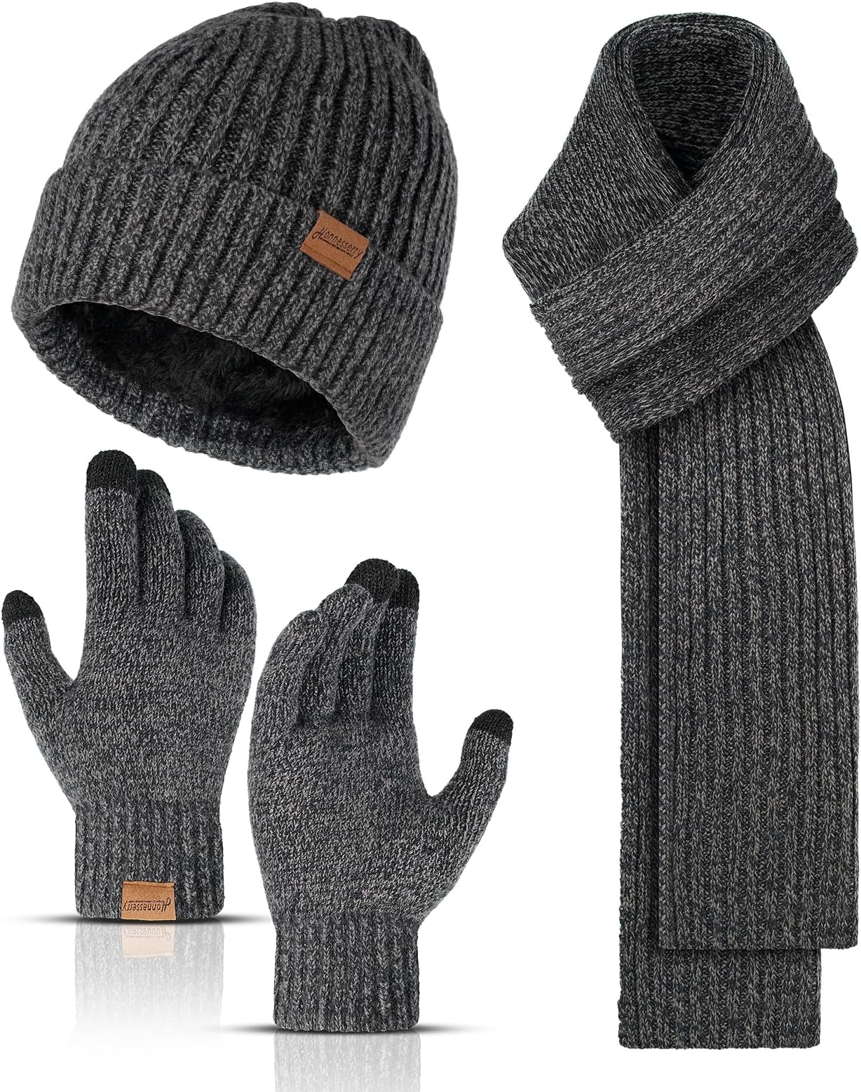 Winter Beanie Hats for Men Long Neck Scarf and Touchscreen Gloves Set with Fleece Lined Skull Caps Gifts for Men