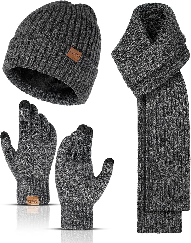Gorros de invierno Bufanda de cuello largo para hombres y guantes con pantalla táctil Juego de 3 piezas | Gorros de calavera con forro polar para hombre y mujer, cuello largo, bufanda de punto cálido, conjunto de guantes para clima frío, regalos para hombres