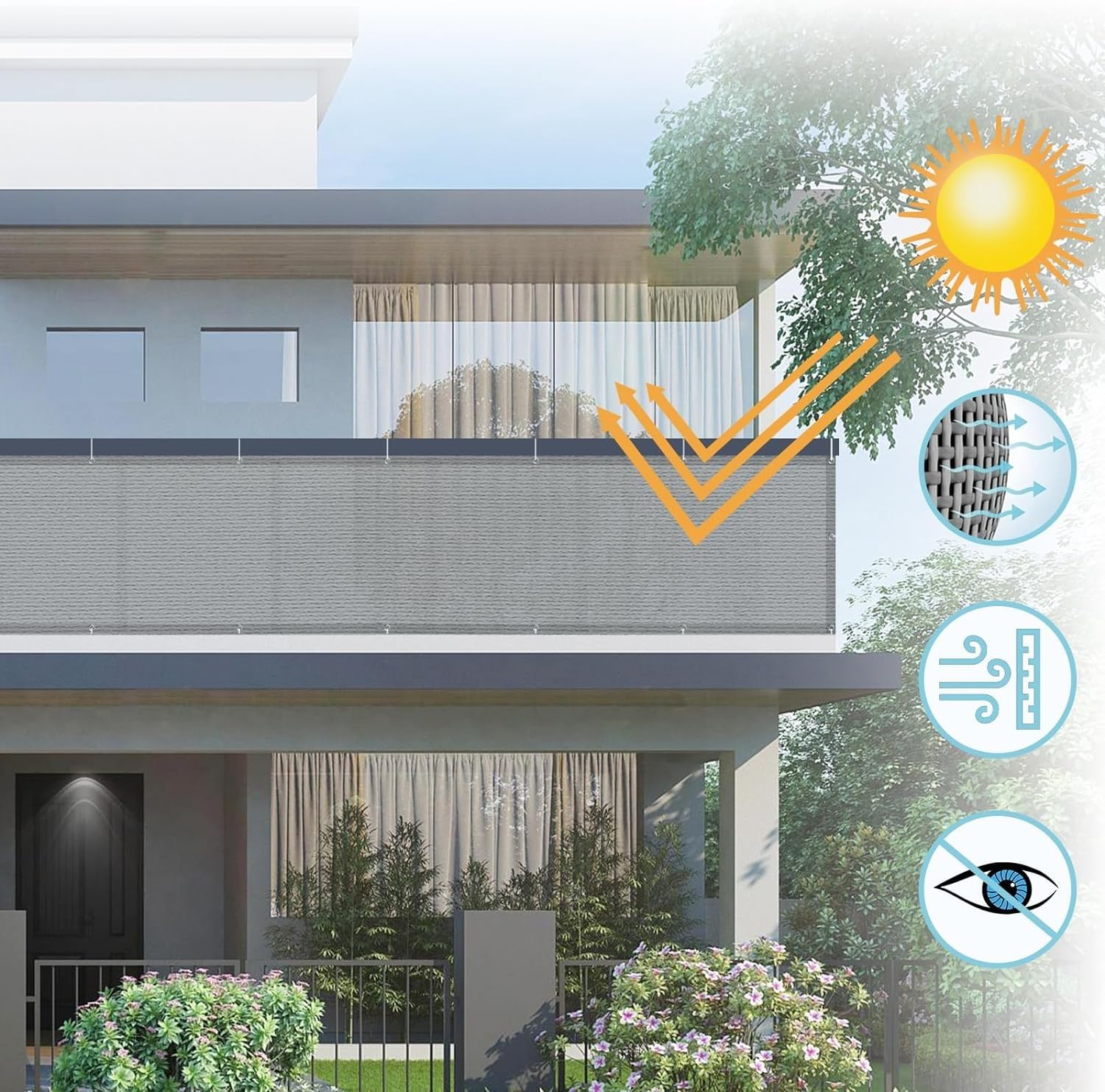 Odporna na warunki atmosferyczne osłona balustrady balkonowej i tarasowej – tkanina siatkowa anty-UV, wysokość 65/75/85 cm, szara, 65 x 170 cm, idealna do ochrony ogrodu na zewnątrz i dziedzińca