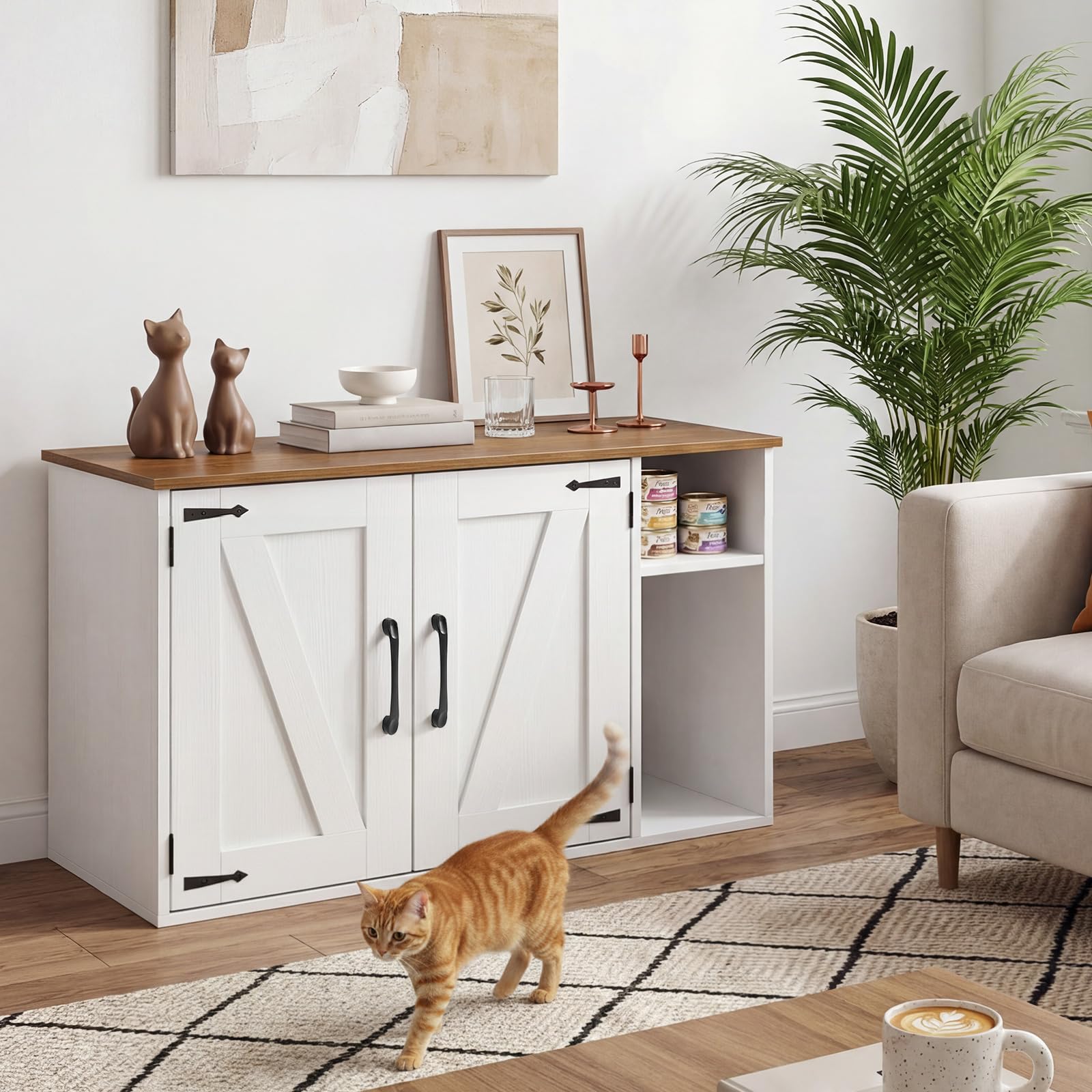 HOOBRO Mueble Arenero para Gatos Estilo Vintage, Caseta para Gatos Oculta, Caja para Mascotas, Mesa Auxiliar Multifuncional, Caja de Arena para Gatos Fácil de Montar, Blanco y Nogal EWH41MW01