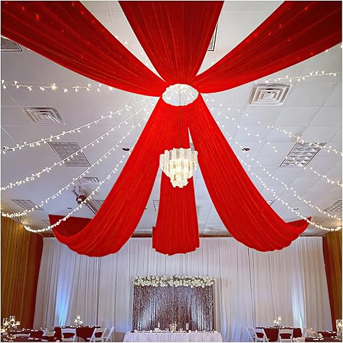 Fanqisi Cortinas rojas de techo, 6 paneles de 5 x 15 pies para arco de boda, tela drapeada, cortinas de gasa para boda, cortinas decorativas con