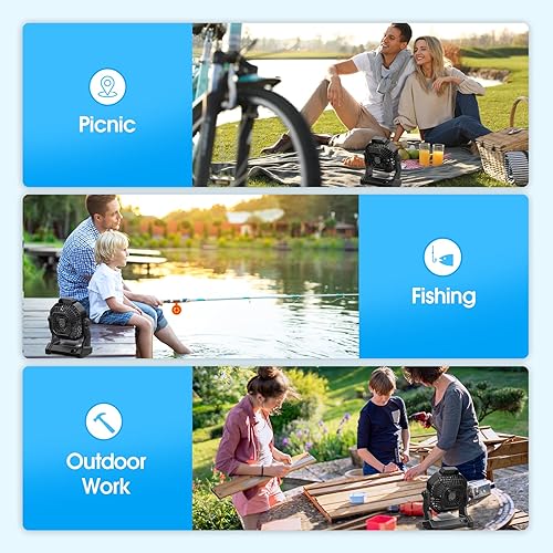 Miniatura 8 de Ventilador de camping con linterna LED, 20000 mAh, 9 pulgadas, portátil, recargable, con velocidad continua y funciona con batería silenciosa, para