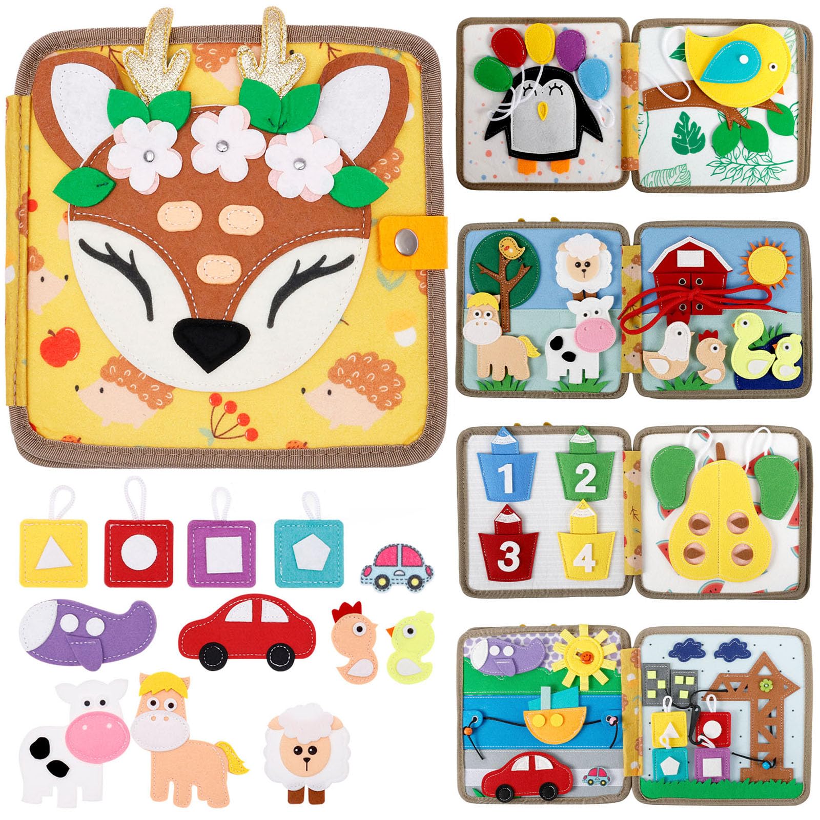 Busy Board Book for Toddlers 1 2 3 Year Old Baby Felt Quiet Book Montessori Sensory Board Preschool Early Learning Educational Travel Sensory Toys Learning Activities Books for Boys Girls (Deer)