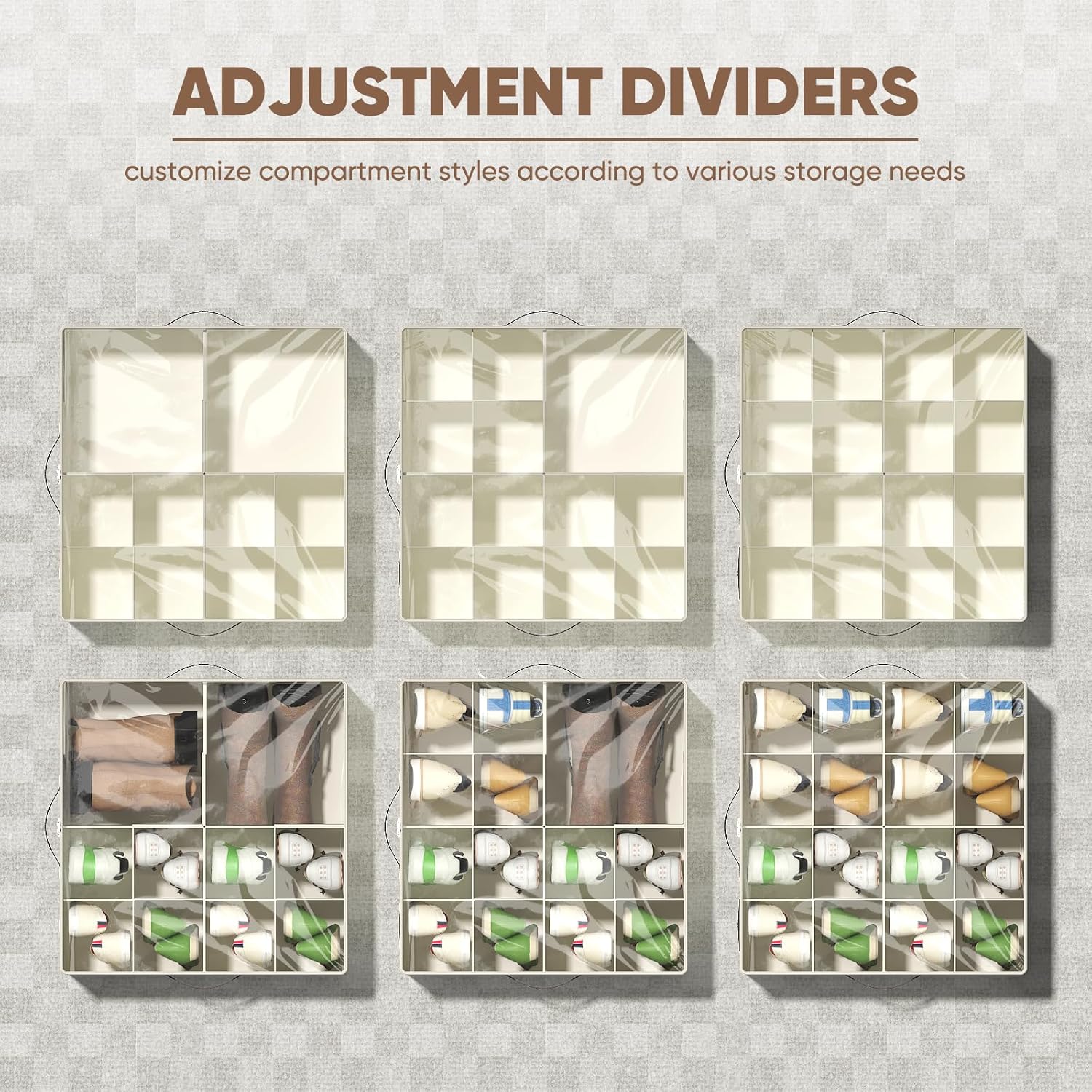 OIAHOMY 2 Pack Shoe Organizer for Closet, Large Foldable Shoe Storage Bins with Dividers and Reinforced Handles, Each Clear Cover Sneaker Box Fits Up to 16 Pairs for Entryway and Bedroom, Beige