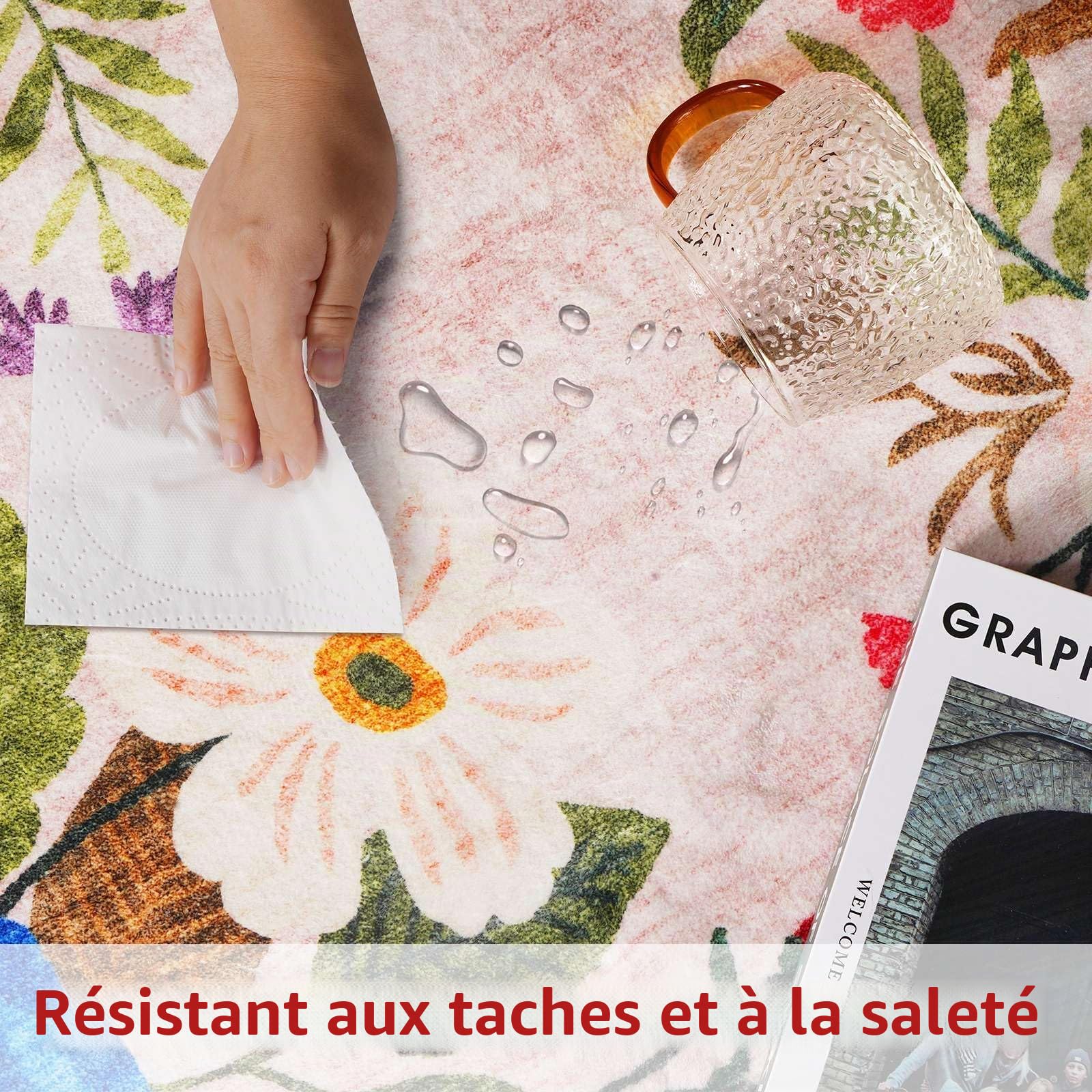 Tapis Rond 120cm Lavable Machine, Moquette Antidérapante Poil Bas Style Boho, Motif Floral Oriental Doux pour Salon, Chambre, Cuisine, Nursery, Bureau