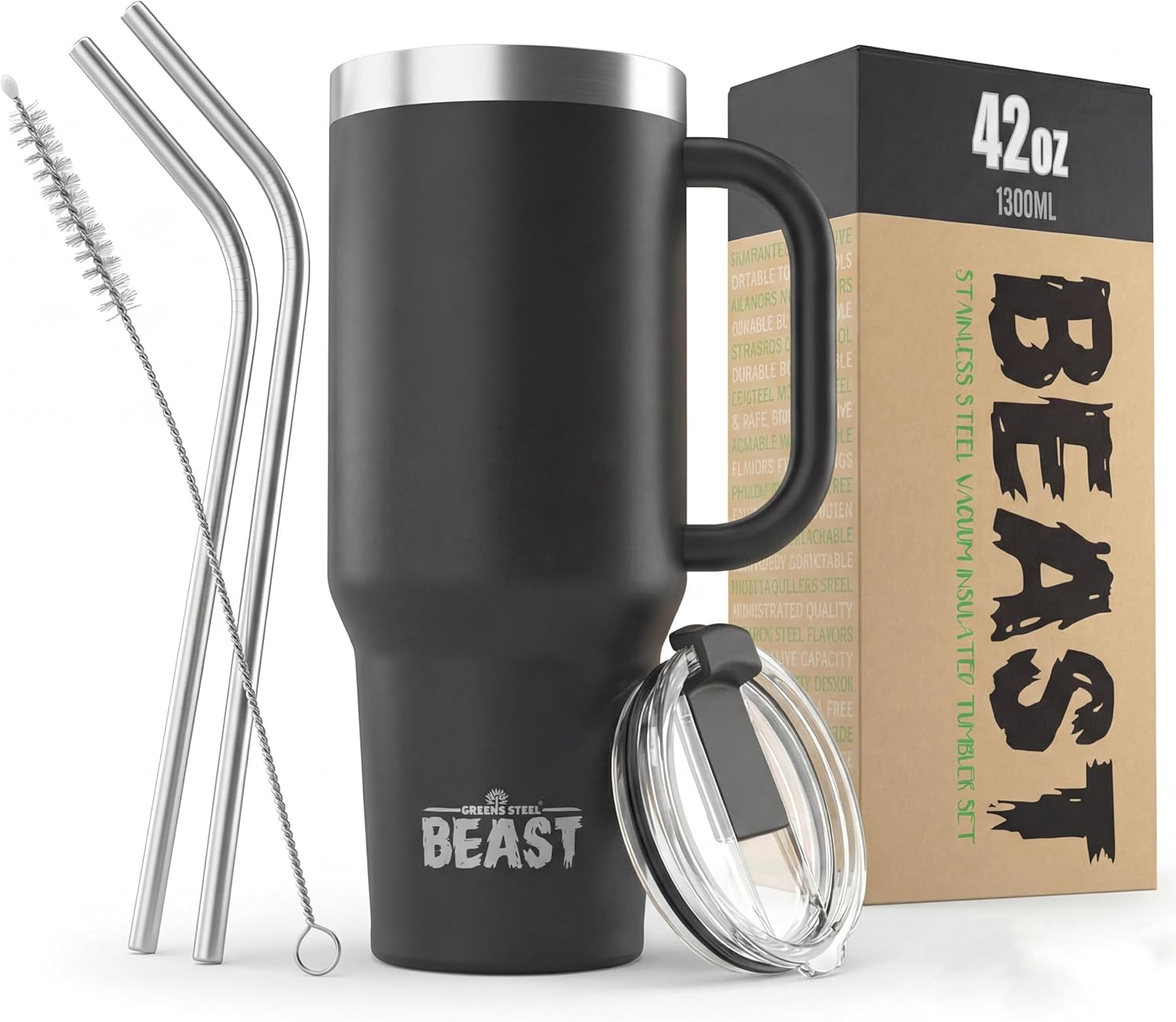 Beast 42 oz Tumbler with Handle Stainless Steel Vacuum Insulated Coffee Ice Cup Double Wall Travel Flask (Matte Black) - Image 2