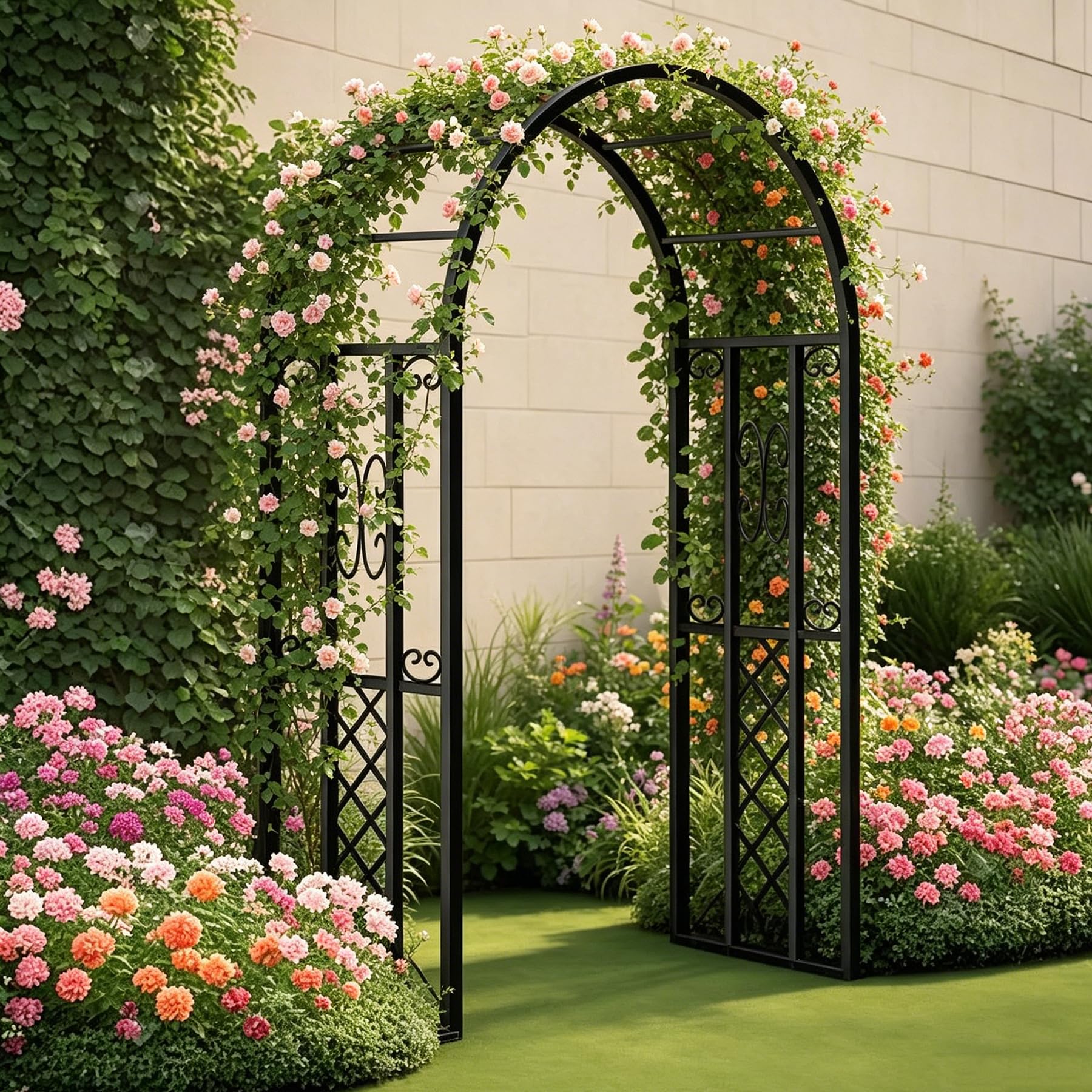Arche à rosiers métal 140x230 cm, Arceau de Jardin autoportant, Treillis et Support pour Plantes grimpantes, pergola déco pour extérieur, terrasse, Mariage et cérémonie (Noir)