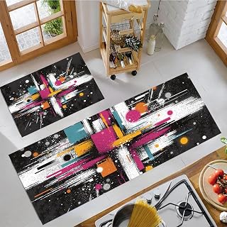 2 Piezas Antideslizante Cocina Absorbente Lavable Geometría Abstracta Alfombra De Pie De Cocina Tinta Moderna para Comedor Dormitorio Portal Salón 43X75+43X150Cm, Negro