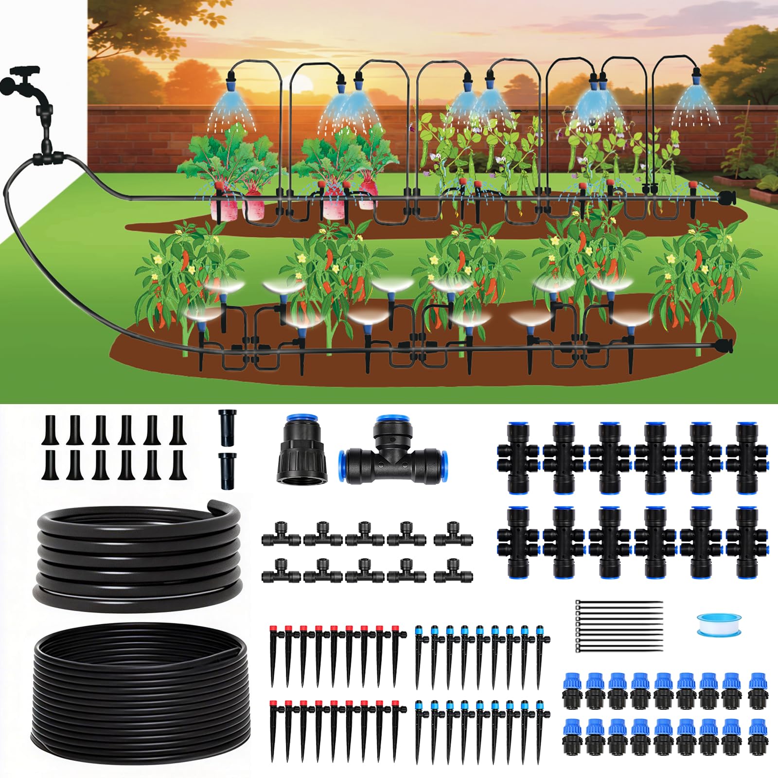 DANGZW Kit di irrigazione a goccia da 100 m, sistema di irrigazione automatica da giardino con tubi da 1,27 m e 60 m da 6,3 cm, spruzzatori regolabili per aiuole rialzate, prato, serra
