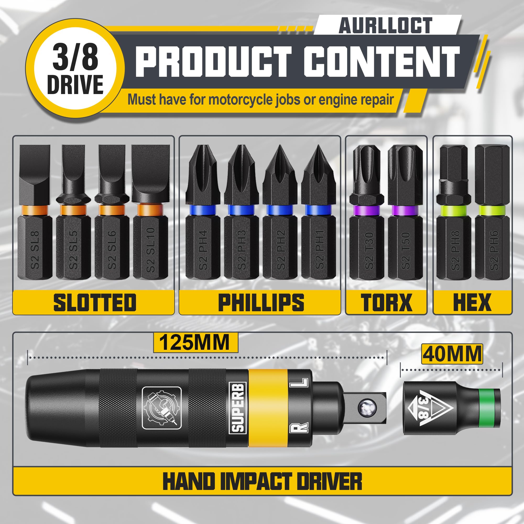 Aurlloct 3/8 Inch Manual Impact Driver Set, 13 Piece Impact Screwdriver Kit, Repair Tool, Screw Remover, Remove Nuts and Rusty Bolts - Image 2