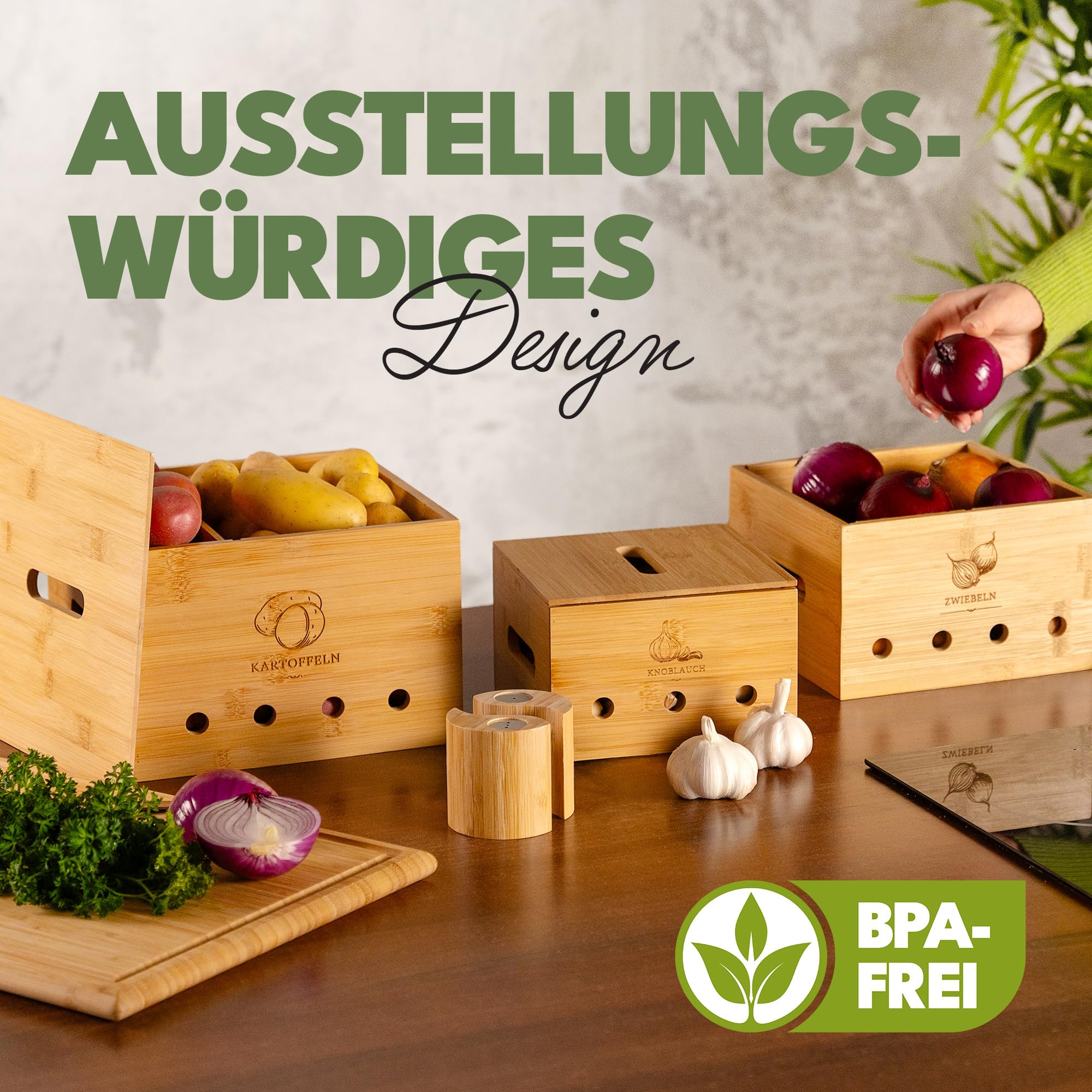 Nachhaltige Bambus Trio Kartoffel Aufbewahrungsbox [3er Set] mit Deckel, Zwiebel & Knoblauch Aufbewahrung, Umweltfreundliche Küche mit Belüftungslöchern (Braun)