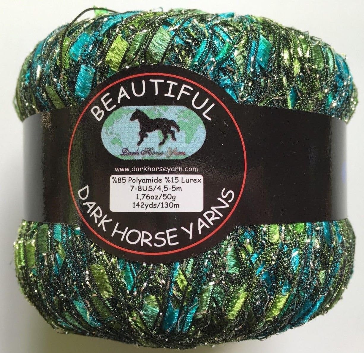 Mermaid Glitz Ladder Ribbon Yarn Dark Horse Beautiful #B106 Turquoise, Greens, Silver Metallic Ladder