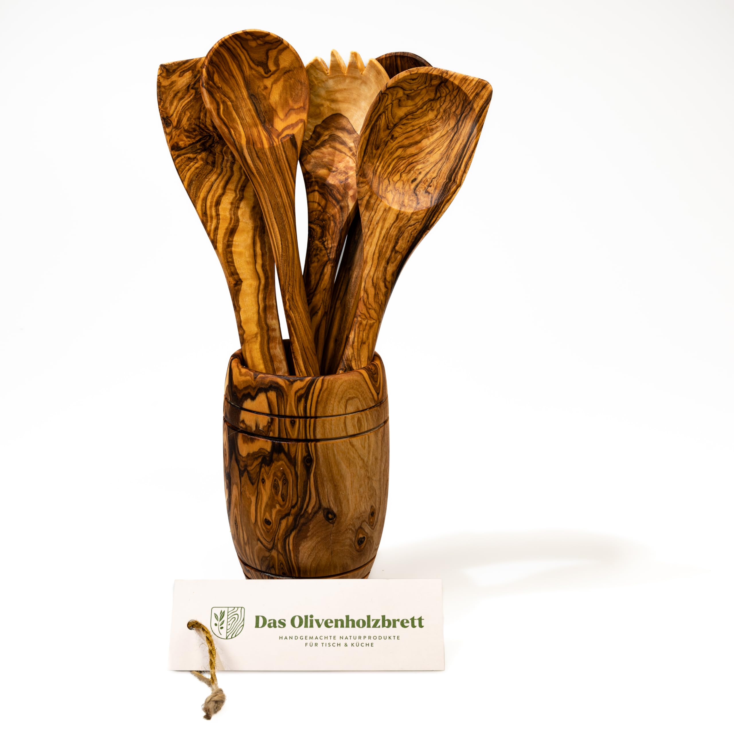 DAS OLIVENHOLZBRETT® Besteckhalter/Köcher 16cm bauchig+5er Set Zubehör 25cm | Pfannenwender / Kochlöffel, Löffel mit Ecke + Salatbesteck Olivenholz / Küchenutensilien Holz Set/ 25cm