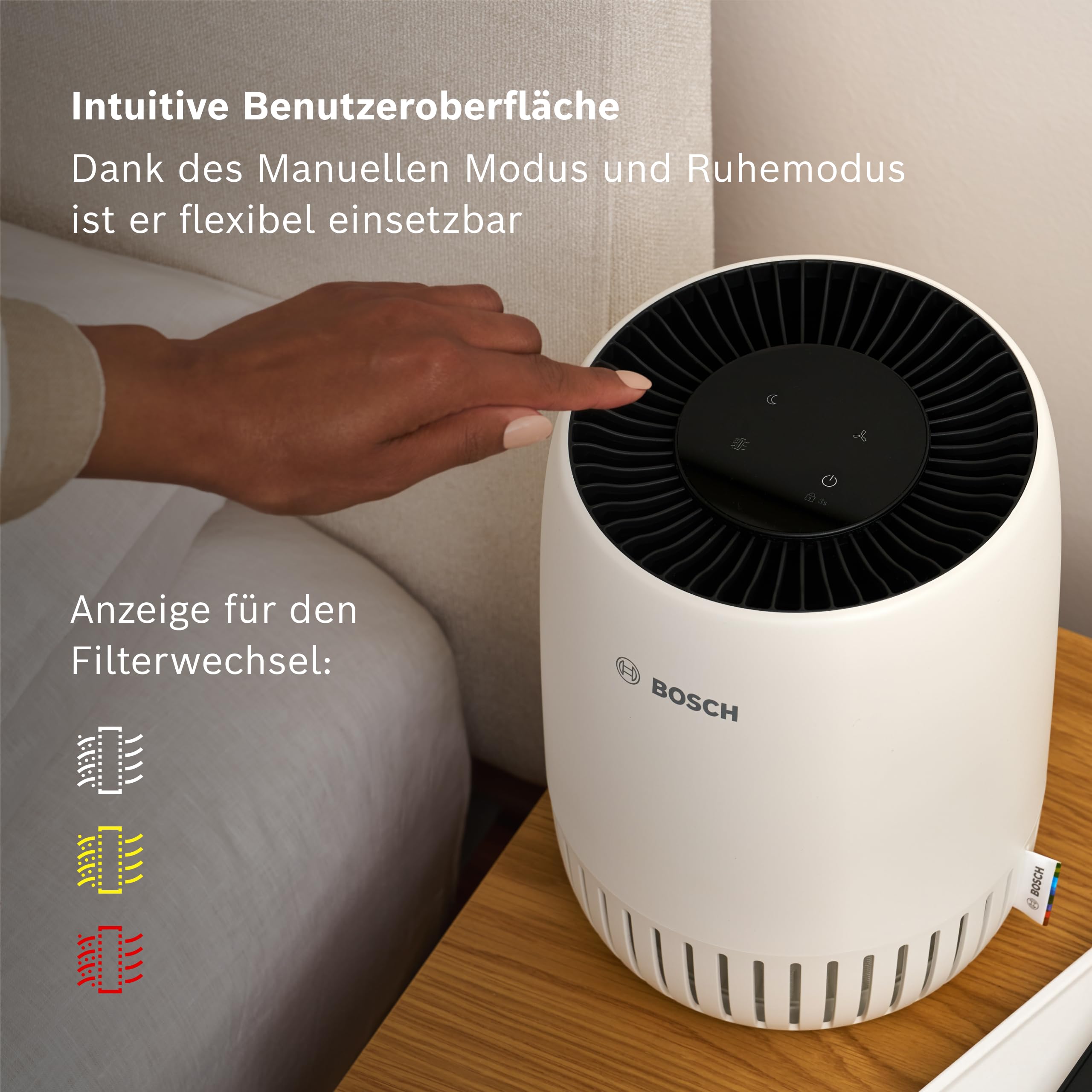 Bosch Air 500, Luftreiniger, Für Räume bis zu 23 m² | Mit 2-in-1 Luftfilter, Automatikmodus, Ruhemodus (< 25 dB(A)), CADR: 70 m³/h