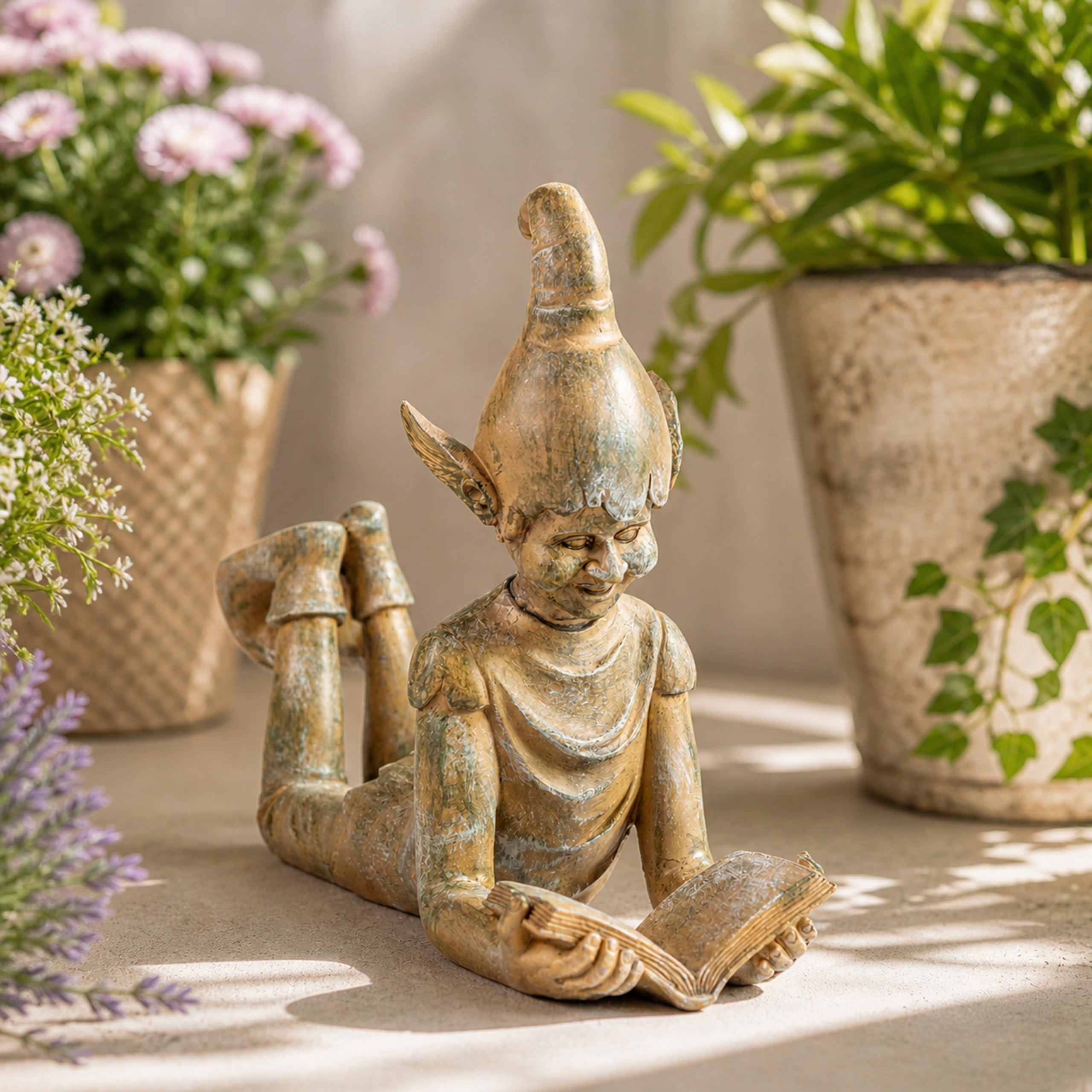 Garden Mile Large Reading Elf Garden Ornament 37cm Bronze Effect Resin Statue, Weatherproof Outdoor Garden Decoration, Elf Figurine for Lawn Patio Flower Beds Fairy Garden Decor Book Lover Gift