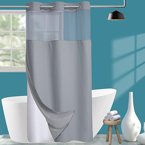 Miniatura 20 de Conbo Mio Cortina de ducha sin ganchos de tejido de gofre con forro extraíble, juego de cortinas de ducha de lujo rosa para hotel, baño con ventana