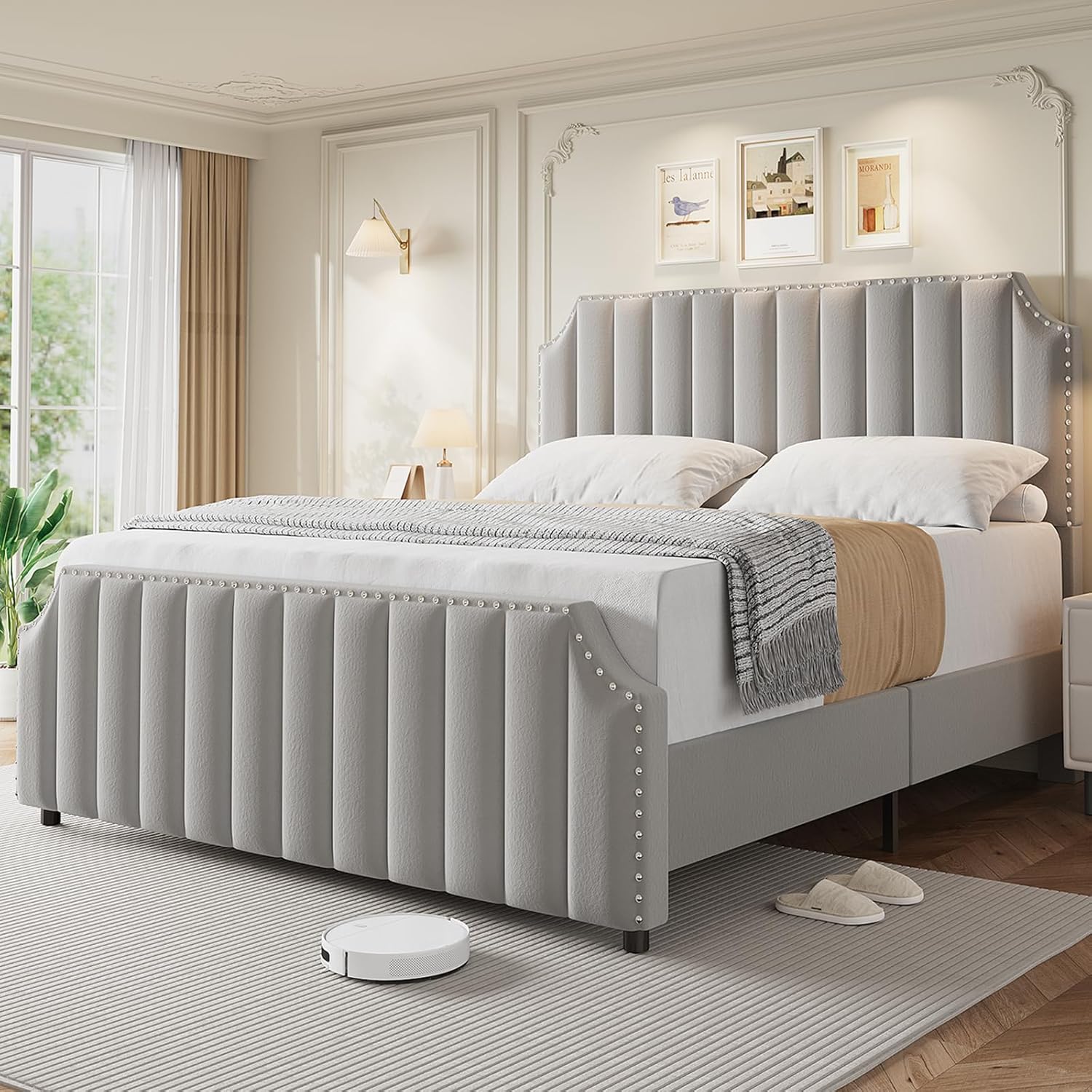King Size Velvet Bed Frame, Vertical Channel Tufted 50.2 in Tall Headboard and Footboard with Nailhead Trim, Upholstered Platform Bed, Strong Wooden Slats, No Box Spring Needed, Easy Assembly, Grey